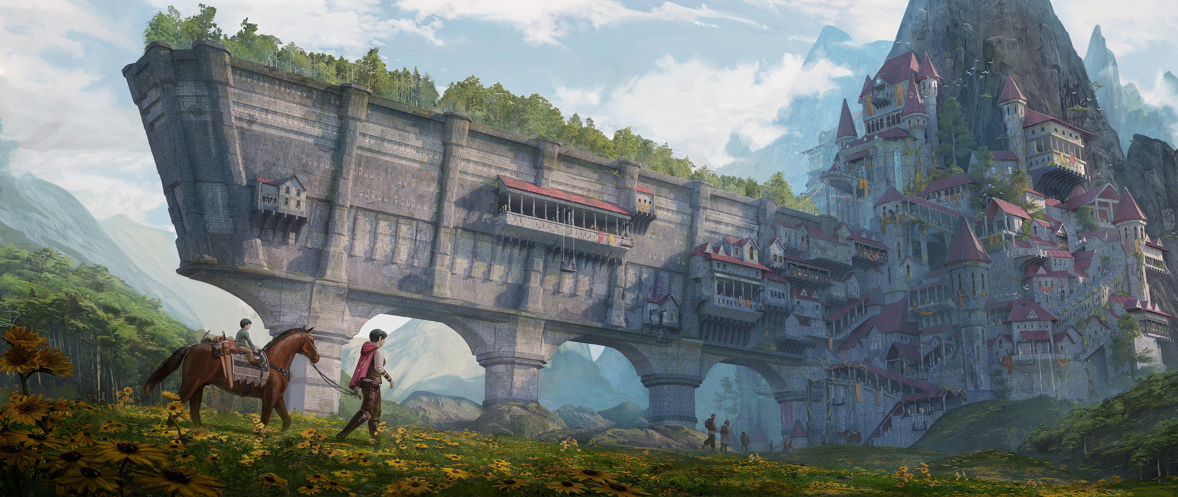 original, absurdres, commentary, highres, 2boys, blue sky, brick wall, bridge, building, castle, cloud, cloudy sky, fantasy, felixriano, field, flock, flower, forest, from side, grass, horse, horseback riding, landscape, medieval, mountain, mountainous horizon, multiple boys, nature, painterly, pillar, riding, rock, scenery, sky, sunflower, tower, tree