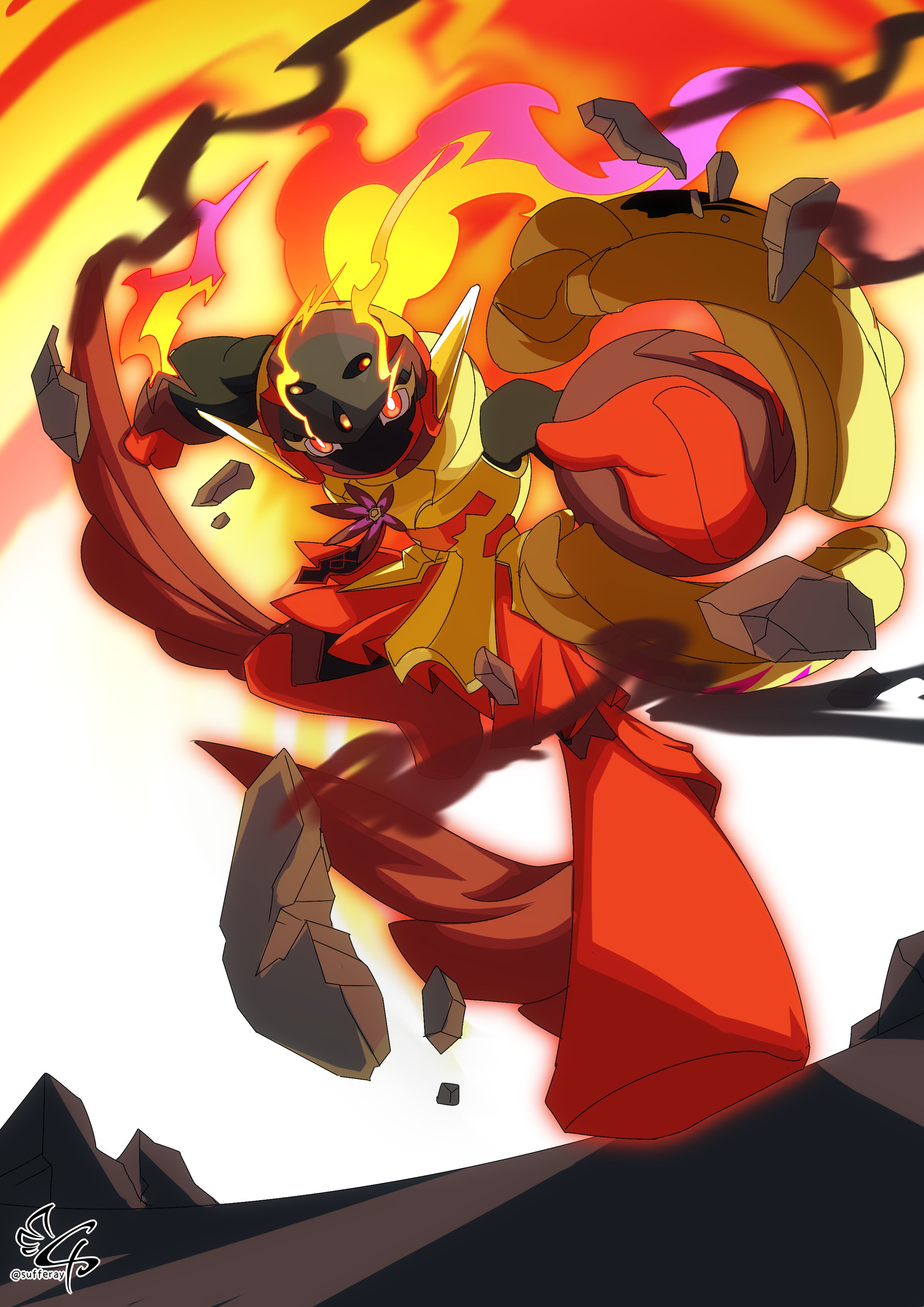 sufferay, armarouge, nintendo, pokemon, absurdres, highres, mixed-language commentary, 1girl, alternate design, armor, black helmet, breastplate, clenched hand, clothed pokemon, colored skin, drop shadow, facing viewer, fire, floating armor, flower, flower pin, glowing, glowing eyes, helmet, high contrast, knee up, looking at viewer, offering hand, outdoors, outstretched arms, pauldrons, pleated skirt, pokemon (creature), pokemon focus, purple flower, red eyes, red skin, red skirt, rock, rubble, shoulder armor, skirt, smoke, smoke trail, white background, yellow armor