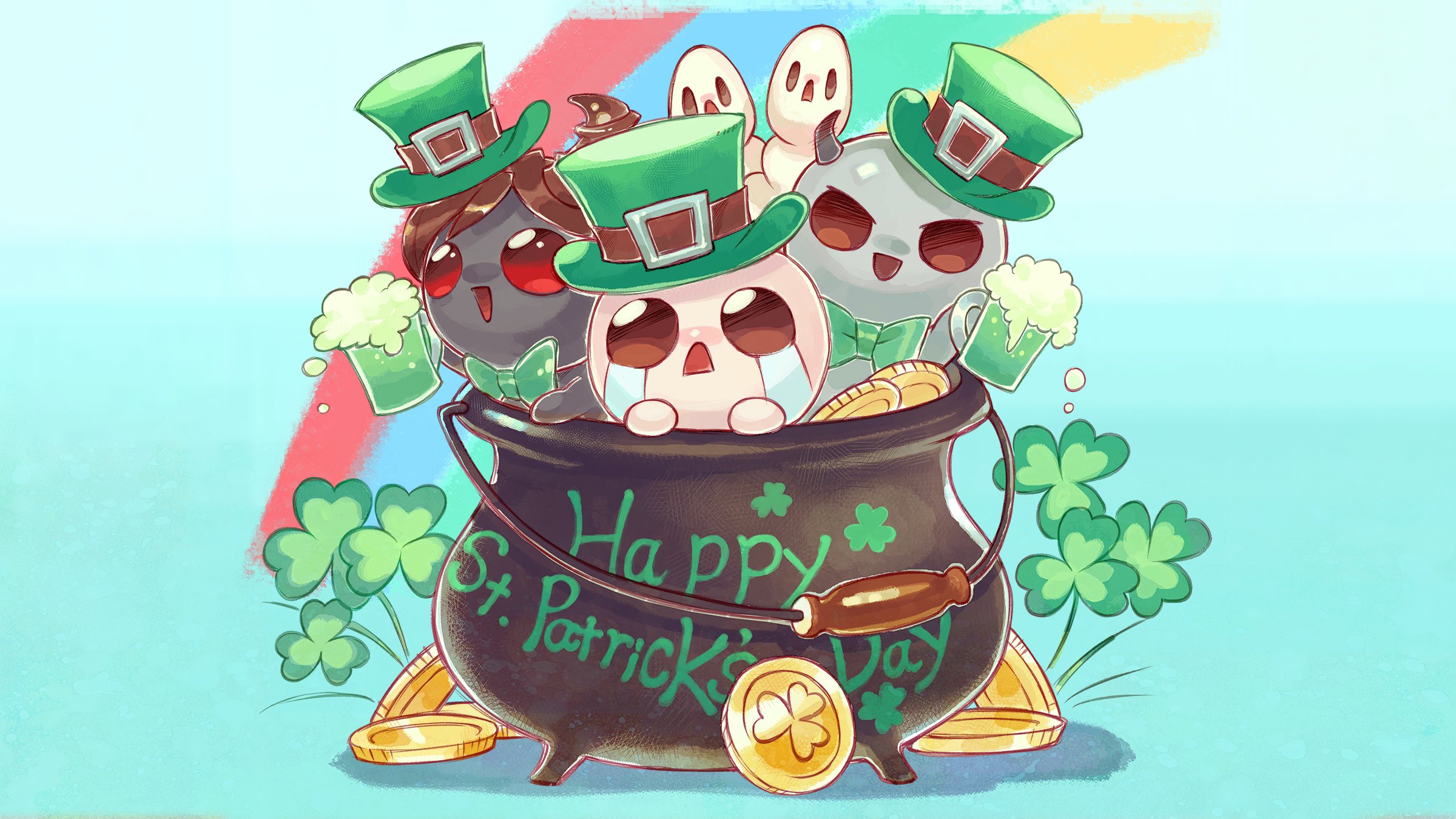 apollyon (the binding of isaac), azazel (the binding of isaac), isaac (the binding of isaac), the binding of isaac, artist request, commentary, english commentary, highres, official art, second-party source, 3boys, black horns, black skin, blue background, bow, bowtie, brown eyes, brown hair, brown horns, buckle, clover, coin, colored skin, crying, cup, demon boy, demon horns, english text, gold coin, green bow, green bowtie, green hat, grey skirt, hat, holding, holding cup, horns, multiple boys, open mouth, rainbow, red eyes, saint patrick's day, shamrock, skirt, streaming tears, swept bangs, tears, v-shaped eyes