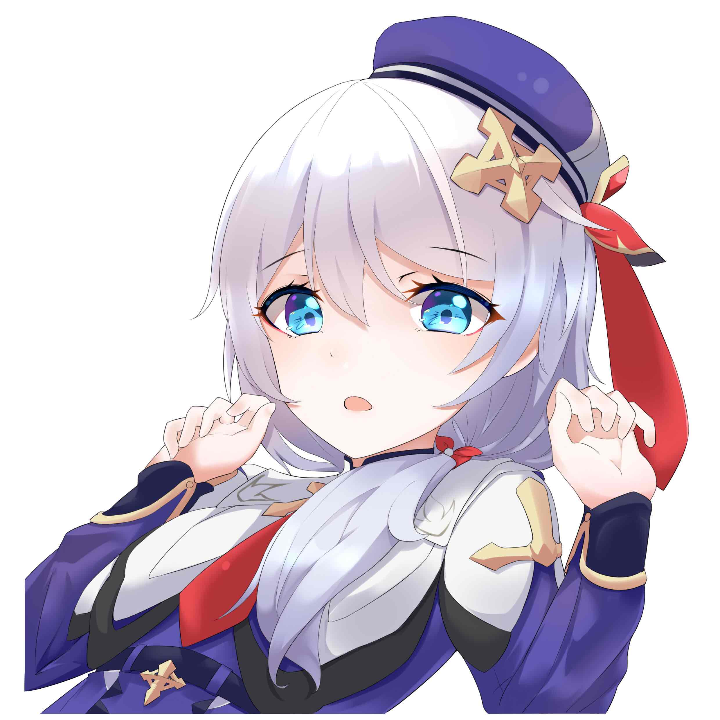 halfmoe, theresa apocalypse, theresa apocalypse (campus detective), theresa apocalypse (valkyrie pledge), honkai (series), honkai impact 3rd, absurdres, commentary, english commentary, highres, 1girl, beret, blue dress, blue eyes, dress, hat, long hair, long sleeves, necktie, open mouth, red necktie, side ponytail, simple background, solo, white background, white hair
