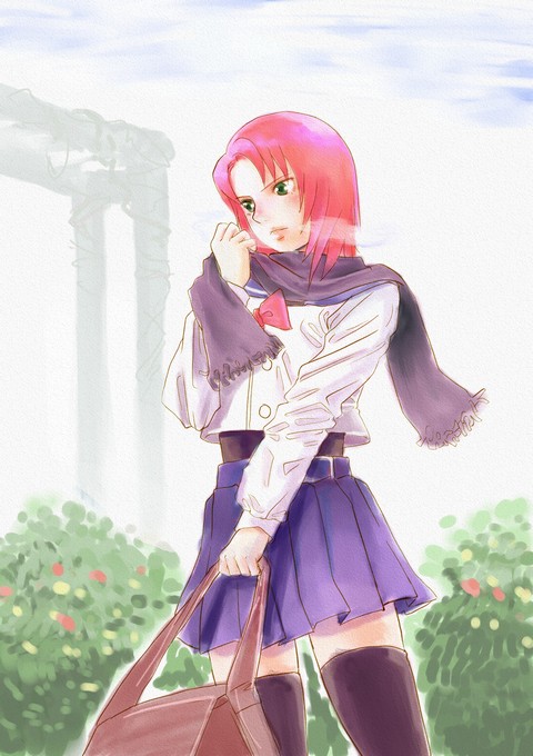 yuuki nao, my-hime, 00s, breath, green eyes, red hair, school uniform, short hair, solo, thighhighs, zettai ryouiki