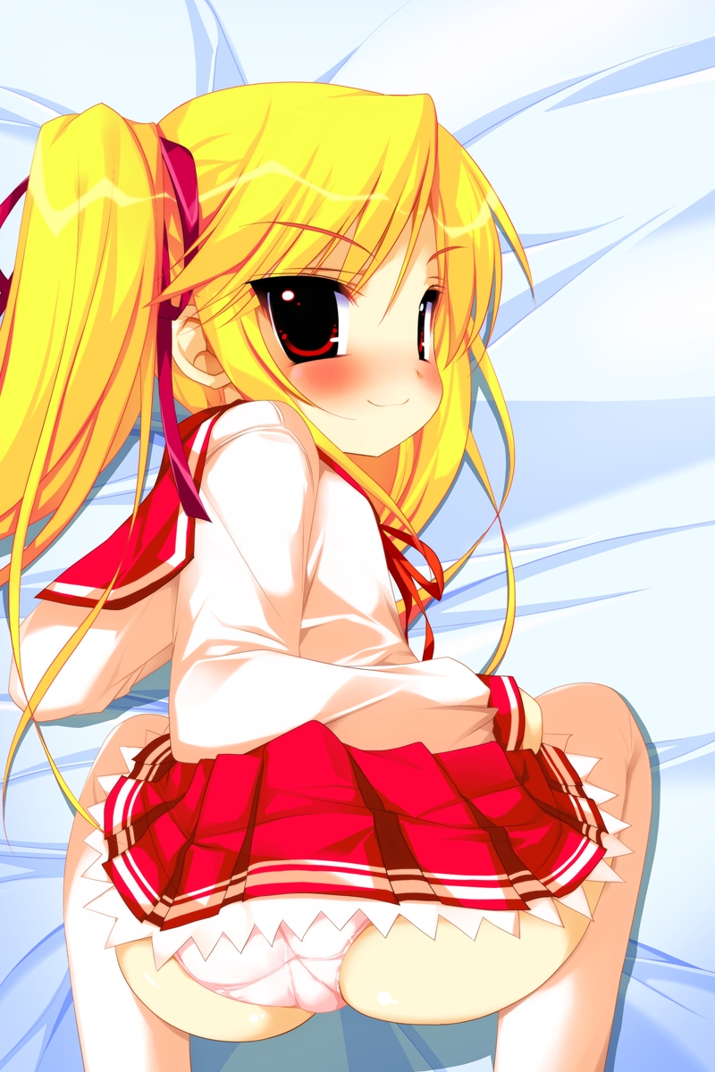 emily (pure dream), matsumiya yuumi, rolling star, twins panic, highres, 1girl, all fours, ass, bent over, blonde hair, blush, clothes lift, female focus, loli, long hair, looking back, panties, pink panties, red eyes, ribbon, skirt, skirt lift, solo, twintails, underwear, upskirt