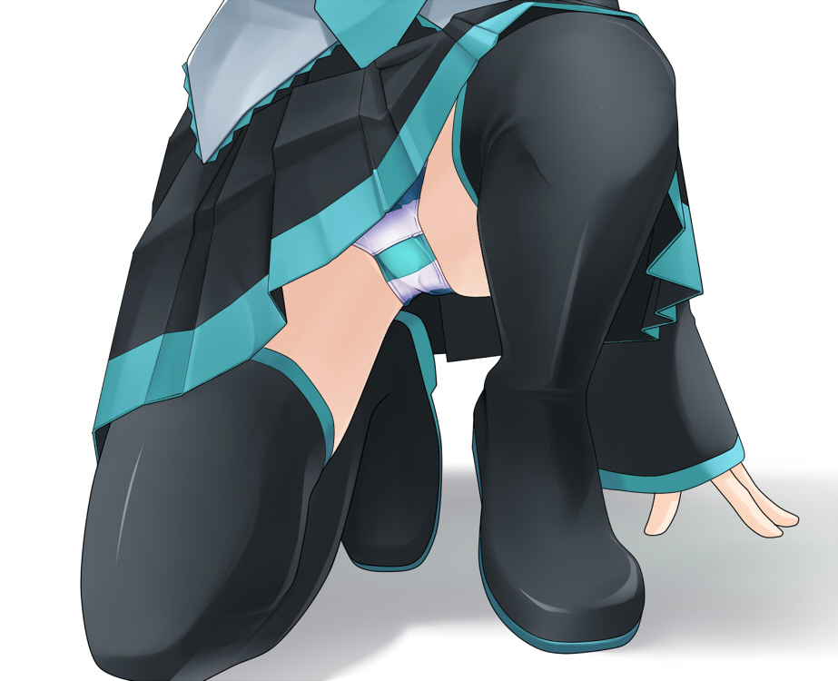 eto, hatsune miku, vocaloid, crotch, 1girl, arm support, black thighhighs, boots, close-up, female focus, kneeling, necktie, panties, pantyshot, pleated skirt, skirt, solo, striped clothes, striped panties, thigh boots, thighhighs, underwear, upskirt