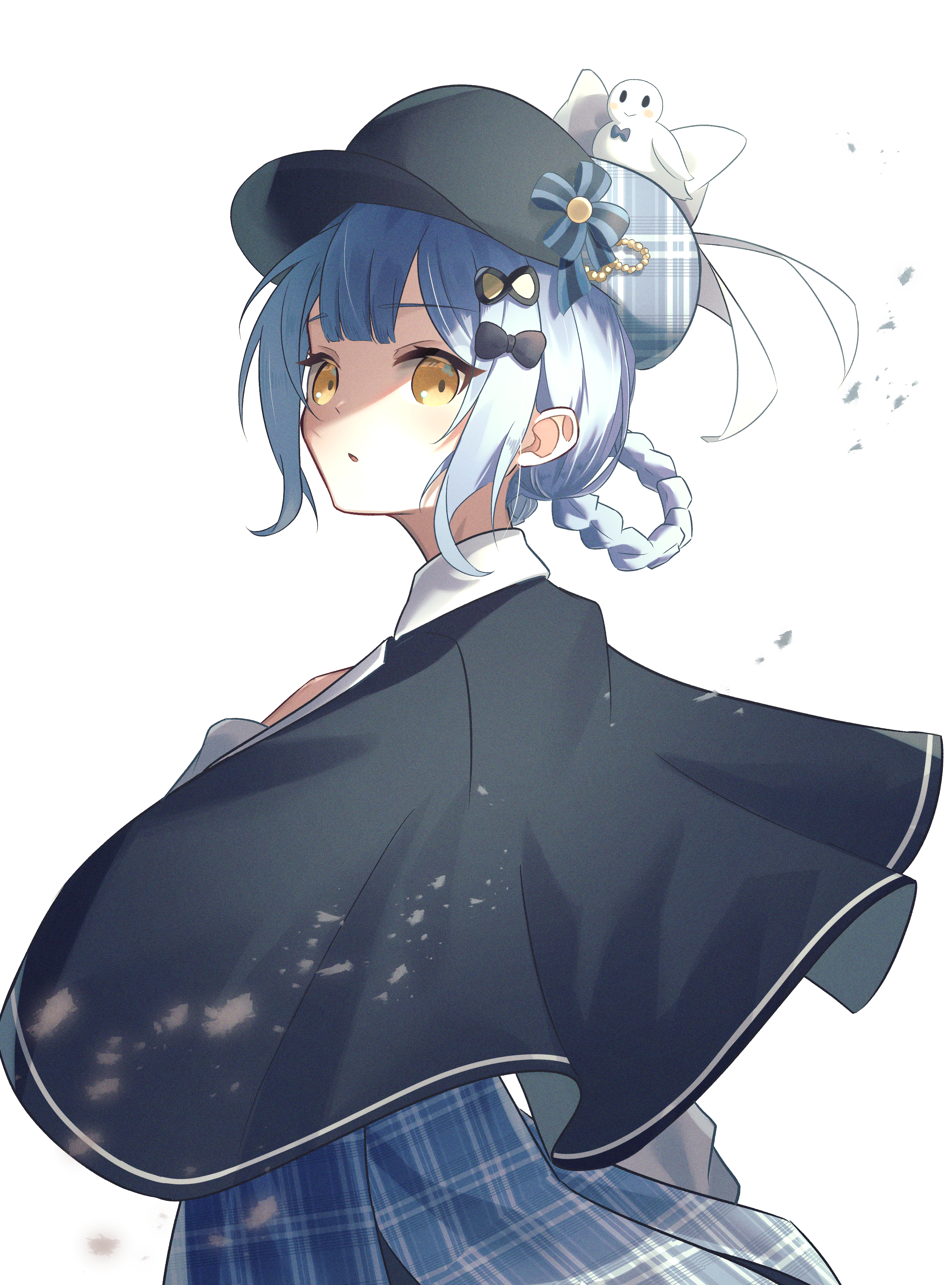 nuko tama315, tachibana sherry, mahou shoujo no majo saiban, absurdres, commentary request, highres, 1girl, black capelet, black hat, blue hair, blue skirt, braid, braided hair rings, capelet, cowboy shot, deerstalker, from side, hair rings, hat, long sleeves, looking at viewer, looking back, plaid clothes, plaid skirt, pleated skirt, shaded face, short hair, simple background, skirt, solo, standing, white background, yellow eyes