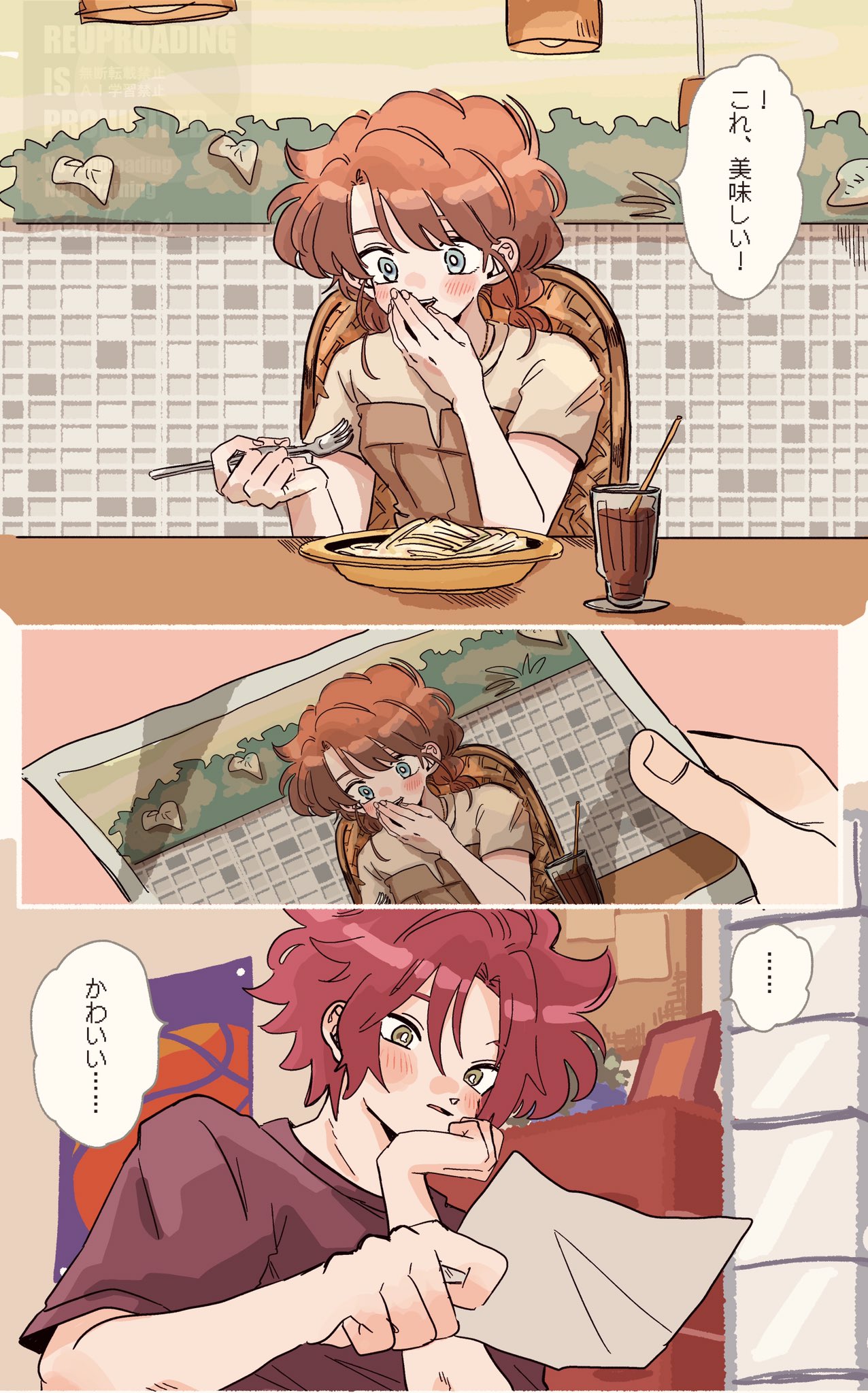 chokki 01, anzu (ensemble stars!), isara mao, ensemble stars!, highres, translation request, 1boy, 1girl, black shirt, blue eyes, blush, braid, brown hair, drink, drinking straw, eating, fork, green eyes, hair between eyes, hand to own mouth, head rest, holding, holding fork, holding photo, long hair, looking at object, photo (object), poster (object), red hair, shirt, short hair, short sleeves, speech bubble, tile wall, tiles, twin braids, upper body