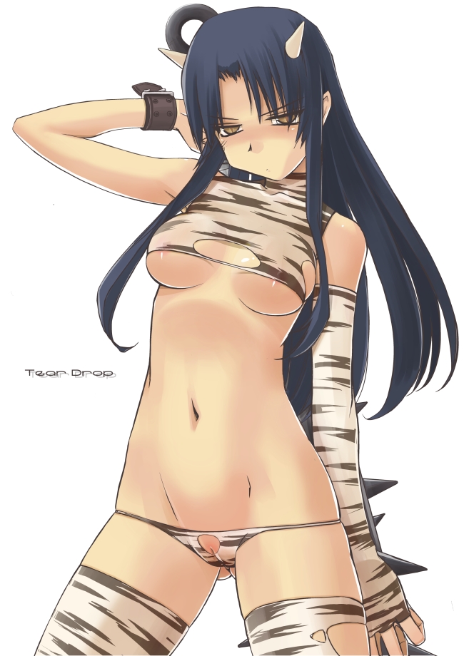tsuina, kashiwagi chizuru, kizuato, 1girl, animal print, black hair, blue hair, breasts, brown eyes, cleft of venus, club, club (weapon), elbow gloves, female focus, fingerless gloves, gloves, horns, kanabou, long hair, lowleg, medium breasts, navel, oni, panties, pussy, pussy peek, setsubun, solo, thighhighs, tiger print, uncensored, underboob, underwear, weapon