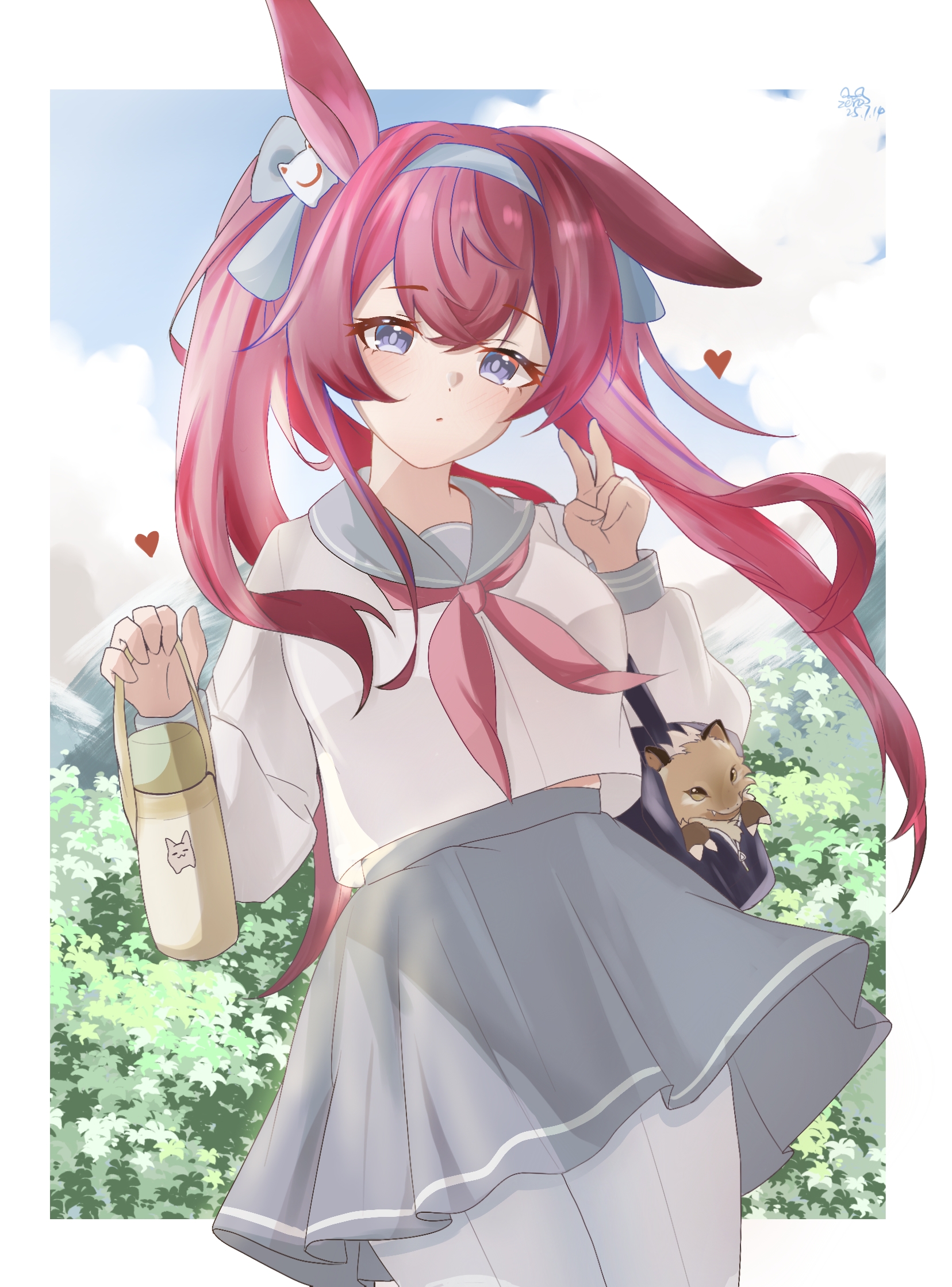 zerosama (sailuojiang), ray (arknights), arknights, chinese commentary, commentary, highres, 1girl, animal ears, border, cowboy shot, creature, front-seamed legwear, grey hairband, grey sailor collar, grey skirt, hairband, hands up, heart, holding, long hair, long sleeves, looking at viewer, multicolored hair, neckerchief, outside border, pantyhose, pink hair, pink neckerchief, purple eyes, purple hair, sailor collar, school uniform, seamed legwear, serafuku, shirt, skirt, solo, standing, streaked hair, v, white border, white pantyhose, white shirt