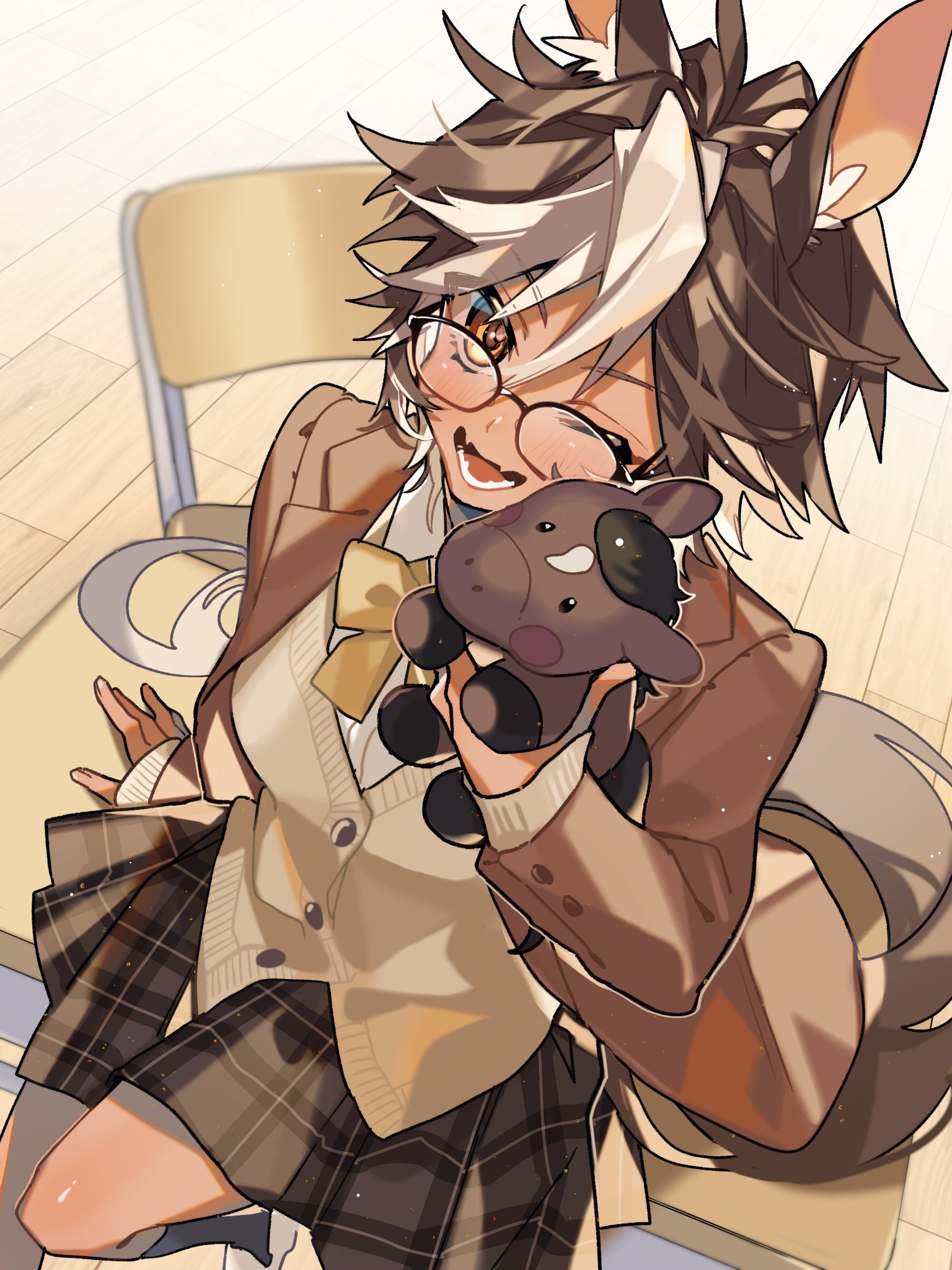 su zura n, tomoe umari, umarmy (tomoe umari), indie virtual youtuber, highres, second-party source, 1girl, animal, animal ears, black skirt, bow, bowtie, brown eyes, cardigan, chair, desk, glasses, holding, holding animal, horse ears, horse girl, horse tail, long sleeves, multicolored hair, on desk, one eye closed, open mouth, plaid clothes, plaid skirt, school chair, school desk, sitting, skirt, tail, two-tone hair, virtual youtuber, white hair, yellow bow, yellow bowtie, yellow cardigan