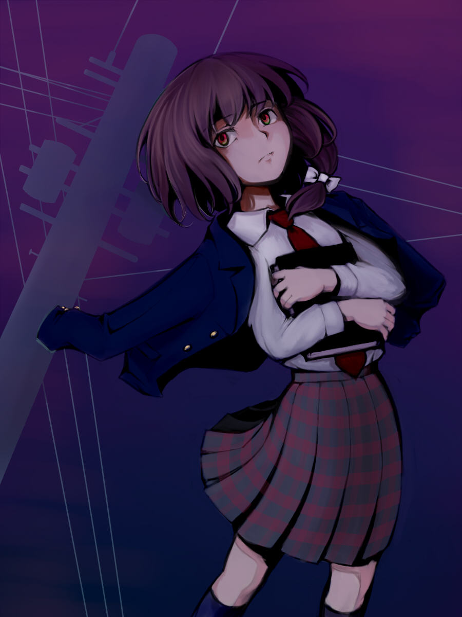misopanne, usami renko, ghostly field club, touhou, plaid, highres, 1girl, book, bow, brown hair, female focus, hair bow, necktie, pleated skirt, power lines, red eyes, skirt, solo, sweater, thighhighs, zettai ryouiki