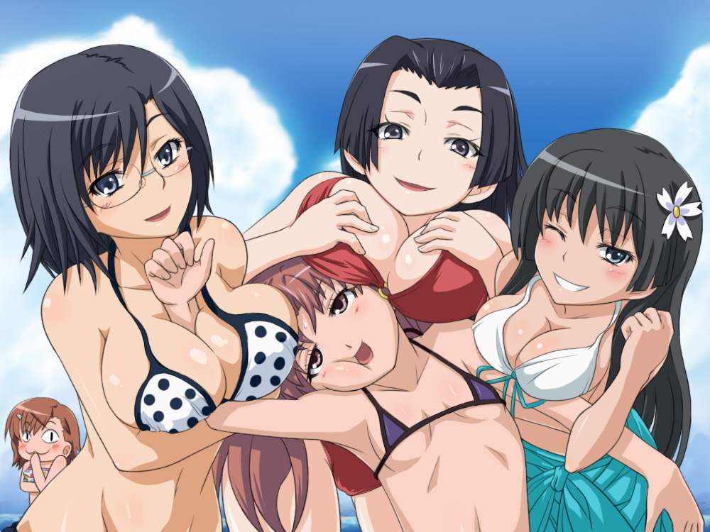 mameshiba (pixiv 59310), kongou mitsuko, konori mii, misaka mikoto, saten ruiko, shirai kuroko, toaru kagaku no railgun, toaru majutsu no index, alternate breast size, 5girls, :3, aqua eyes, armpits, between breasts, bikini, black eyes, black hair, blue eyes, blue hair, blush, breast press, breast rest, breasts, breasts on head, brown eyes, brown hair, cleavage, clothes around waist, cloud, covering own mouth, day, flat chest, flower, front-tie top, glasses, grey eyes, grin, hair flower, hair ornament, hairclip, hand on own face, hand over own mouth, head tilt, large breasts, laughing, long hair, micro bikini, multiple girls, o-ring, o-ring top, one eye closed, outdoors, pink eyes, pink hair, polka dot, polka dot bikini, polka dot swimsuit, short hair, sky, smile, sweater, sweater around waist, swimsuit, twintails, wink, yuri