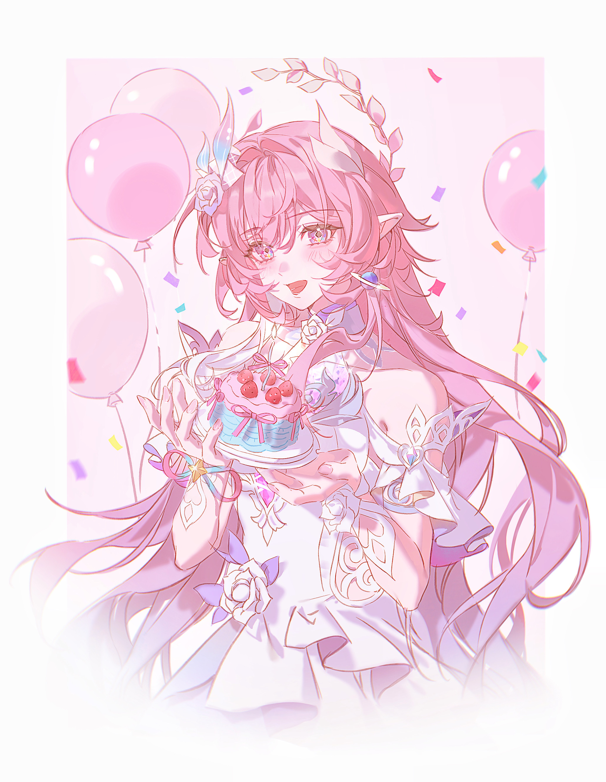 zhongjin, cyrene (demiurge) (honkai: star rail), cyrene (honkai: star rail), honkai: star rail, honkai (series), absurdres, highres, 1girl, armlet, balloon, bare shoulders, cake, confetti, dress, fingernails, flower, food, hair flower, hair ornament, hands up, jewelry, long hair, looking at viewer, open mouth, pink hair, pink theme, pointy ears, purple eyes, purple flower, purple rose, rose, sidelocks, smile, solo, white dress