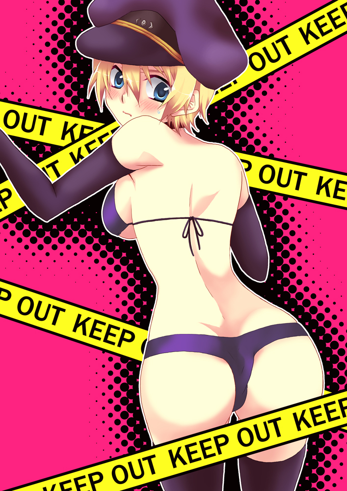 kairi (ap-moon), flynn scifo, tales of (series), tales of vesperia, bad id, bad pixiv id, 00s, 1girl, ass, back, bikini, black bikini, black bra, black panties, black thighhighs, blonde hair, blue eyes, blush, bra, breasts, caution tape, elbow gloves, female focus, genderswap, genderswap (mtf), gloves, hat, keep out, lingerie, looking back, medium breasts, panties, short hair, sideboob, solo, swimsuit, thighhighs, underboob, underwear, underwear only