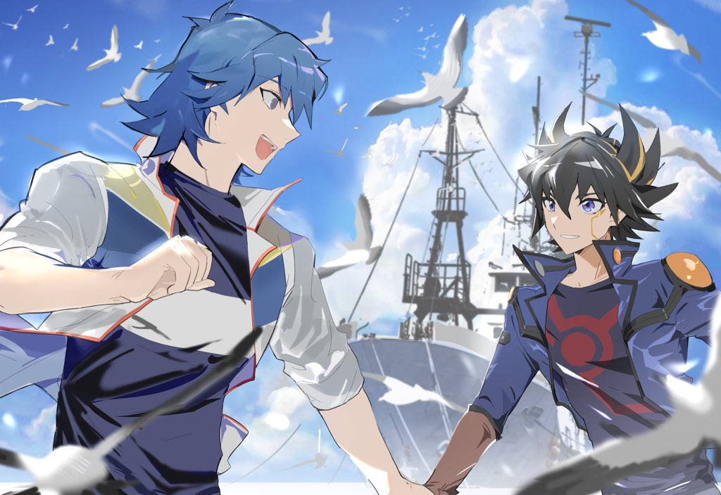 bruno (yu-gi-oh!), fudo yusei, yu-gi-oh!, yu-gi-oh! 5d's, artist collaboration, 2boys, 99ki5, bird, black hair, black shirt, blue coat, blue eyes, blue hair, blue sky, blurry, blurry foreground, brown gloves, clenched hand, cloud, coat, cowboy shot, dappled sunlight, elbow gloves, facial mark, facing another, gloves, hair slicked back, happy, holding hands, looking back, male focus, military vehicle, multiple boys, open clothes, open coat, open mouth, outdoors, popped collar, ship, shirt, shoulder pads, sky, sleeves rolled up, smile, spiked hair, striped clothes, striped shirt, sunlight, turning head, warship, watercraft, white coat
