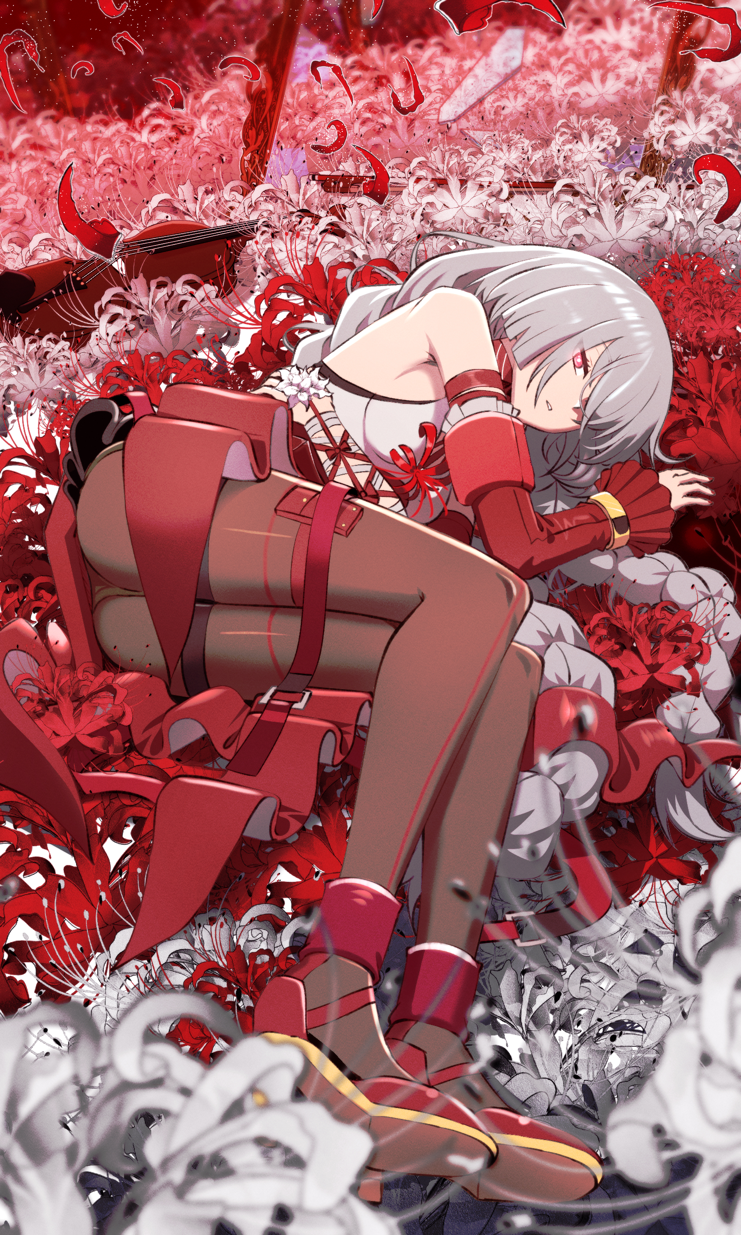 samacho, phrolova (wuthering waves), wuthering waves, absurdres, commentary, highres, 1girl, ass, bare shoulders, black pantyhose, breasts, detached sleeves, dress, flower, glass shards, grey hair, high heels, long hair, looking at viewer, lying, medium breasts, on side, pantyhose, parted lips, red dress, red eyes, solo, spider lily