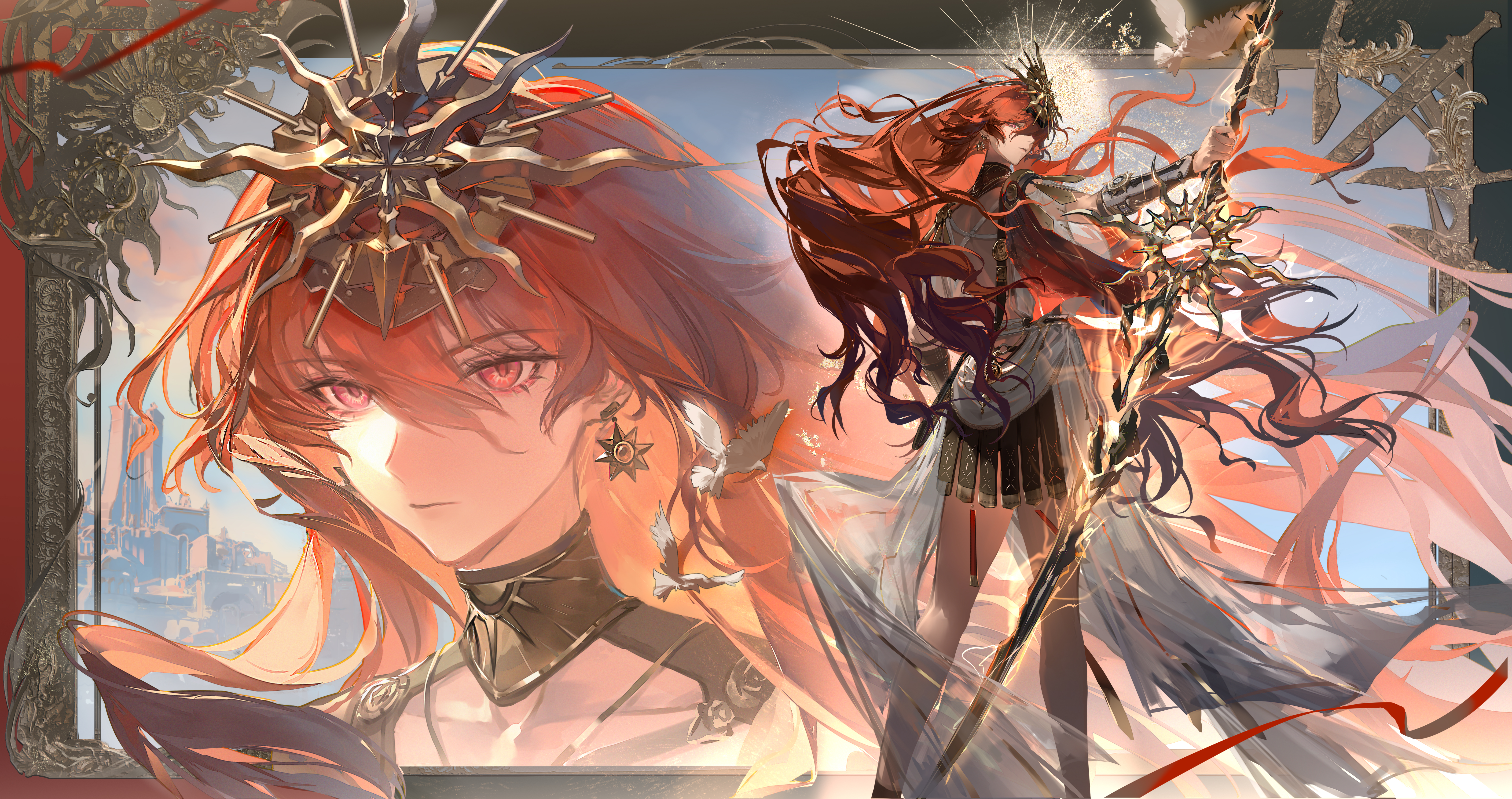 chunbuchou, augusta (wuthering waves), wuthering waves, absurdres, highres, 1girl, ancient greek clothes, arm armor, dress, earrings, electricity, greco-roman clothes, hair between eyes, headgear, holding, holding sword, holding weapon, jewelry, long hair, looking at viewer, looking back, multiple views, orange hair, red eyes, sun earrings, sword, weapon, white dress