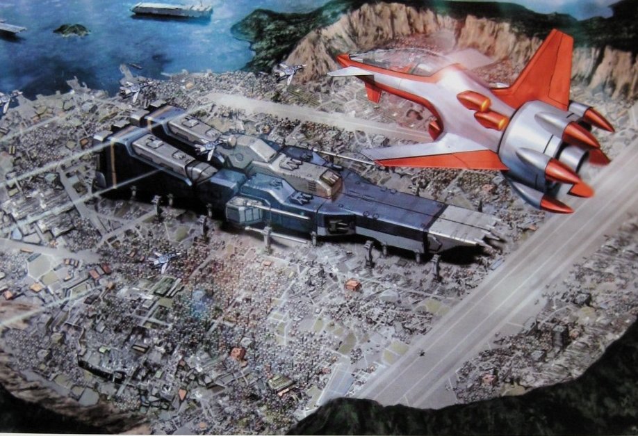 daedalus, fan racer, ichijou hikaru, sdf-1, vf-1, choujikuu yousai macross, macross, jet, 1980s (style), non-web source, official art, scan, 1boy, aircraft, airplane, building, city, island, mecha, ocean, oldschool, realistic, retro artstyle, robot, science fiction, ship, spacecraft, watercraft