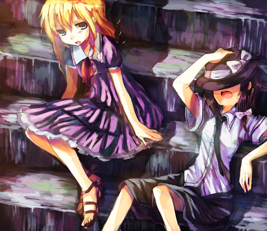 miya (tsumazukanai), maribel hearn, usami renko, ghostly field club, touhou, bad id, bad pixiv id, 2girls, blonde hair, blue eyes, brown hair, dress, female focus, hat, multiple girls, necktie, ribbon, sandals, sitting, sitting on stairs, stairs