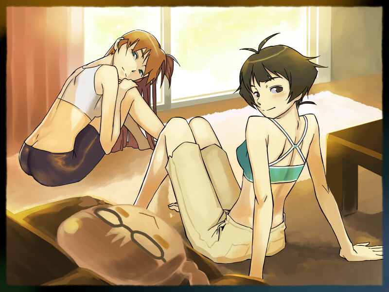 inu (aerodog), akizuki ritsuko, akizuki ryo, sakurai yumeko, idolmaster, idolmaster (classic), idolmaster dearly stars, 00s, 1boy, 1girl, antenna hair, bare shoulders, bike shorts, blush, braid, breasts, brown eyes, brown hair, cushion, glasses, green eyes, long hair, looking back, medium breasts, midriff, short hair, shorts, side ponytail, smile, trap, twin braids, twintails