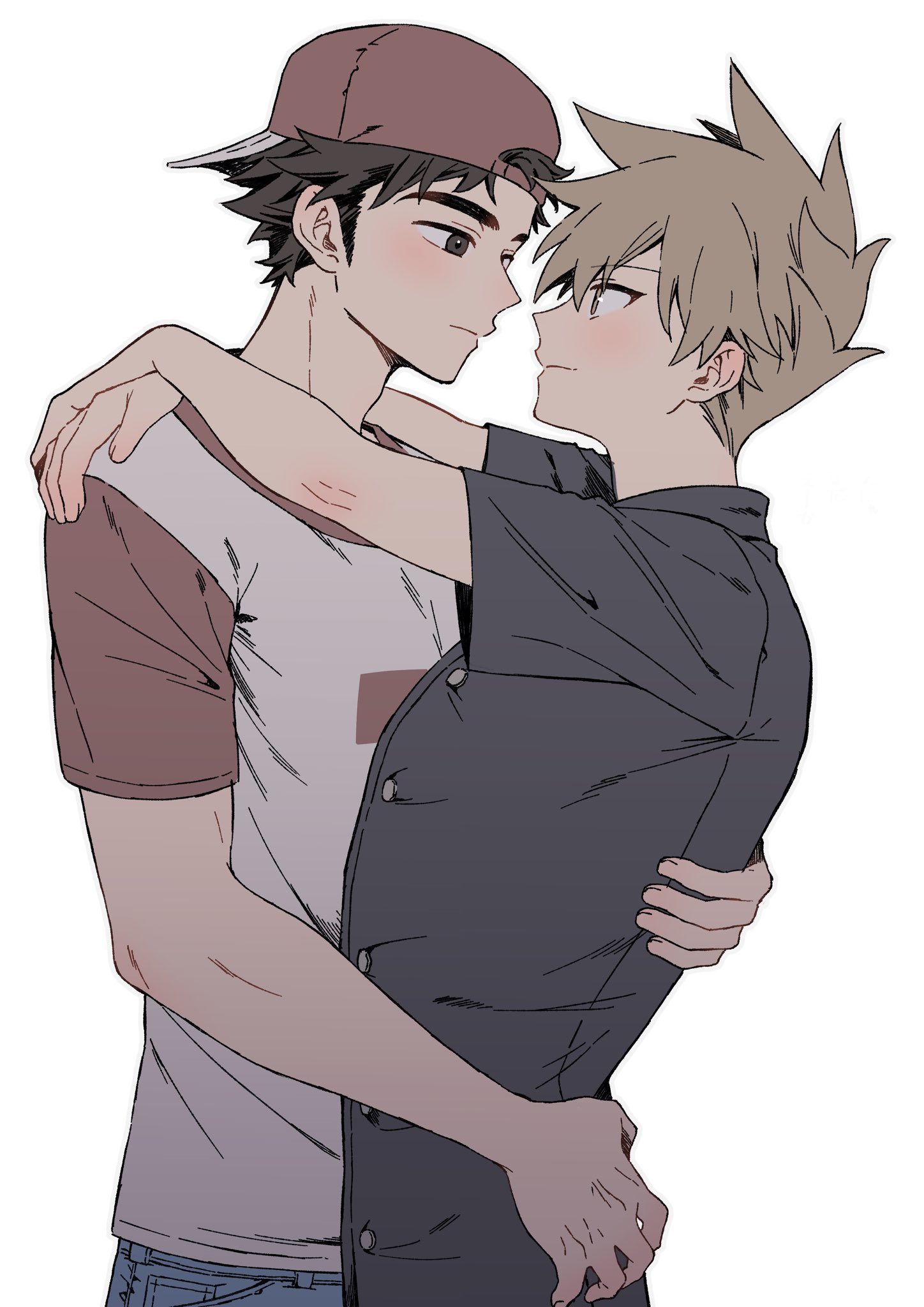 pk rgr96, blue oak, red (pokemon), nintendo, pokemon, pokemon sm, commentary request, highres, 2boys, arms around neck, backwards hat, baseball cap, brown eyes, brown hair, buttons, closed mouth, collared shirt, cowboy shot, crew neck, eye contact, hand on another's back, hat, looking at another, male focus, medium hair, multiple boys, parted bangs, red hat, shirt, short sleeves, sideburns, simple background, smile, standing, t-shirt, white background, yaoi