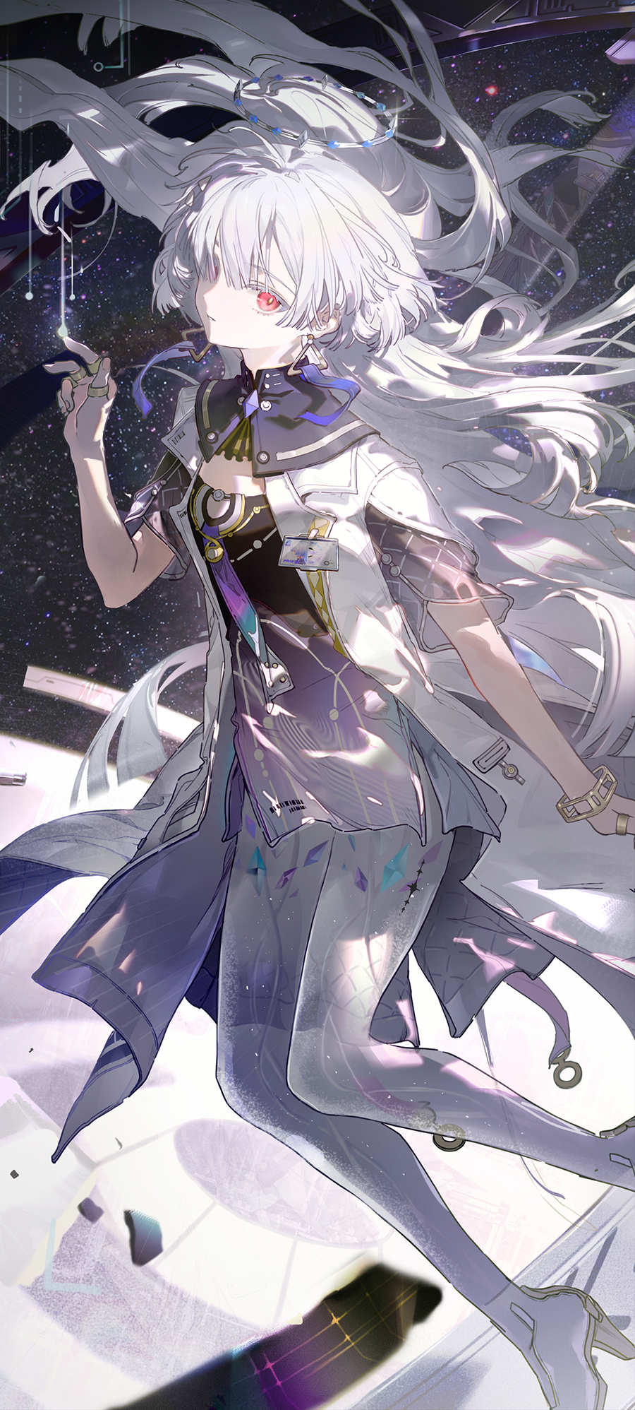 bai qi-qsr, mornye (wuthering waves), wuthering waves, highres, 1girl, breasts, closed mouth, dress, earrings, floating hair, grey hair, hair over one eye, halo, hand up, high heels, id card, jacket, jewelry, long hair, looking at viewer, purple dress, red eyes, see-through body, sky, small breasts, solo, space, star (sky), starry sky, tacet mark (wuthering waves), triangle earrings, white jacket