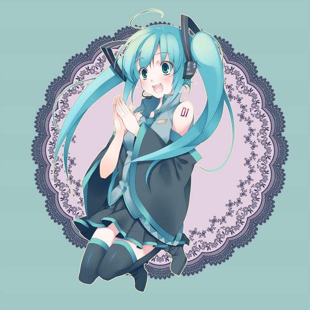 cosmic (crownclowncosmic), hatsune miku, vocaloid, 1girl, detached sleeves, female focus, hair ornament, skirt, solo, thighhighs, twintails, zettai ryouiki