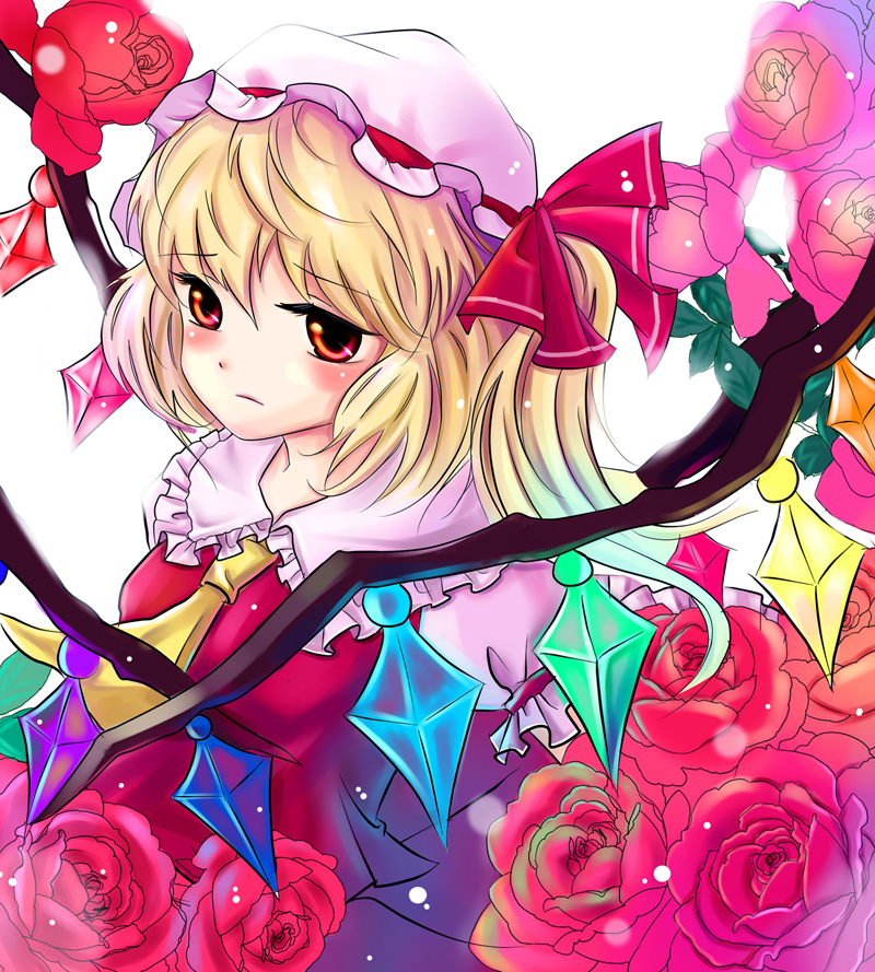 bobo (pixiv), flandre scarlet, embodiment of scarlet devil, touhou, 1girl, blonde hair, female focus, flower, hat, ponytail, red eyes, rose, short hair, side ponytail, solo, wings
