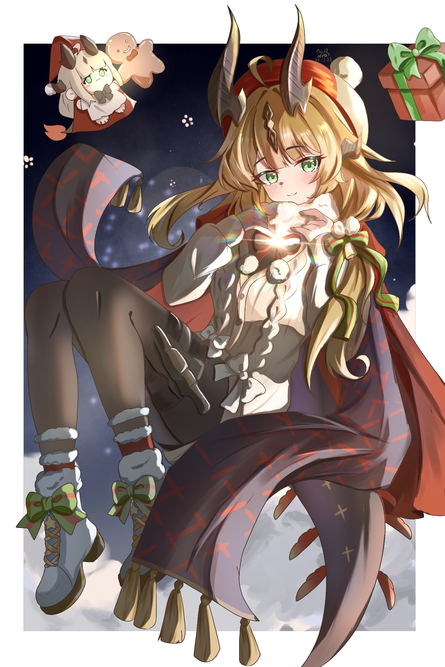 zerosama (sailuojiang), reed (arknights), reed the flame shadow (arknights), arknights, chinese commentary, commentary request, highres, 1girl, ankle boots, black pantyhose, blonde hair, boots, border, bow, brown horns, buttons, cable knit, cardigan, character doll, christmas, christmas present, closed mouth, doll, footwear bow, full body, gift, green bow, green eyes, grey boots, hat, horns, knees up, lens flare, long hair, long sleeves, official alternate costume, outside border, pantyhose, red hat, reed the flame shadow (glowing flame in the night) (arknights), smile, solo, star (symbol), white border, white bow, white cardigan