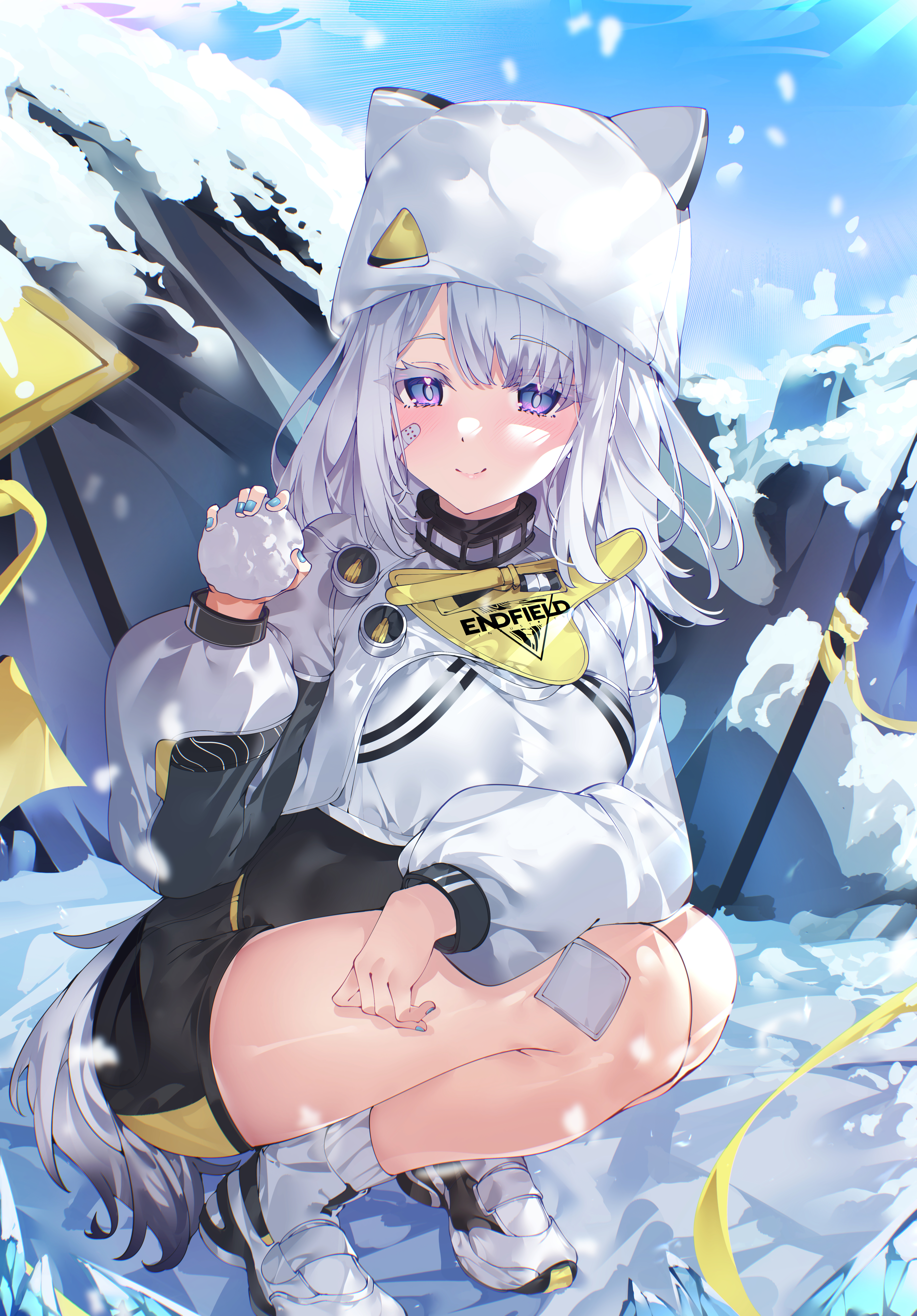 hua-huahua, estelle (arknights), arknights, arknights: endfield, absurdres, commentary, highres, 1girl, bandaid, bandaid on cheek, bandaid on face, blue nails, closed mouth, clothes writing, day, endfield industries logo, fingernails, full body, hat, holding, holding snowball, jacket, long sleeves, medium hair, nail polish, outdoors, puffy long sleeves, puffy sleeves, purple eyes, smile, snow, snowball, snowing, solo, squatting, tail, white hair, white hat, white jacket