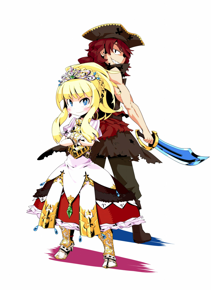 tenjin, pirate (sekaiju), pirate 1 (sekaiju), princess (sekaiju), princess 2 (sekaiju), sovereign 2 (sekaiju), atlus, etrian odyssey, sekaiju no meikyuu, sekaiju no meikyuu 3, artist request, 1boy, 1girl, armor, back-to-back, full body, hat, holding, holding sword, holding weapon, ponytail, red hair, simple background, sovereign (sekaiju), standing, sword, tiara, weapon, white background