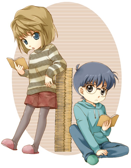 sensaki chihiro, edogawa conan, haibara ai, meitantei conan, striped, 1boy, 1girl, book, child, glasses, hood, hoodie, open book, pantyhose, pantyhose under shorts, reading, shorts