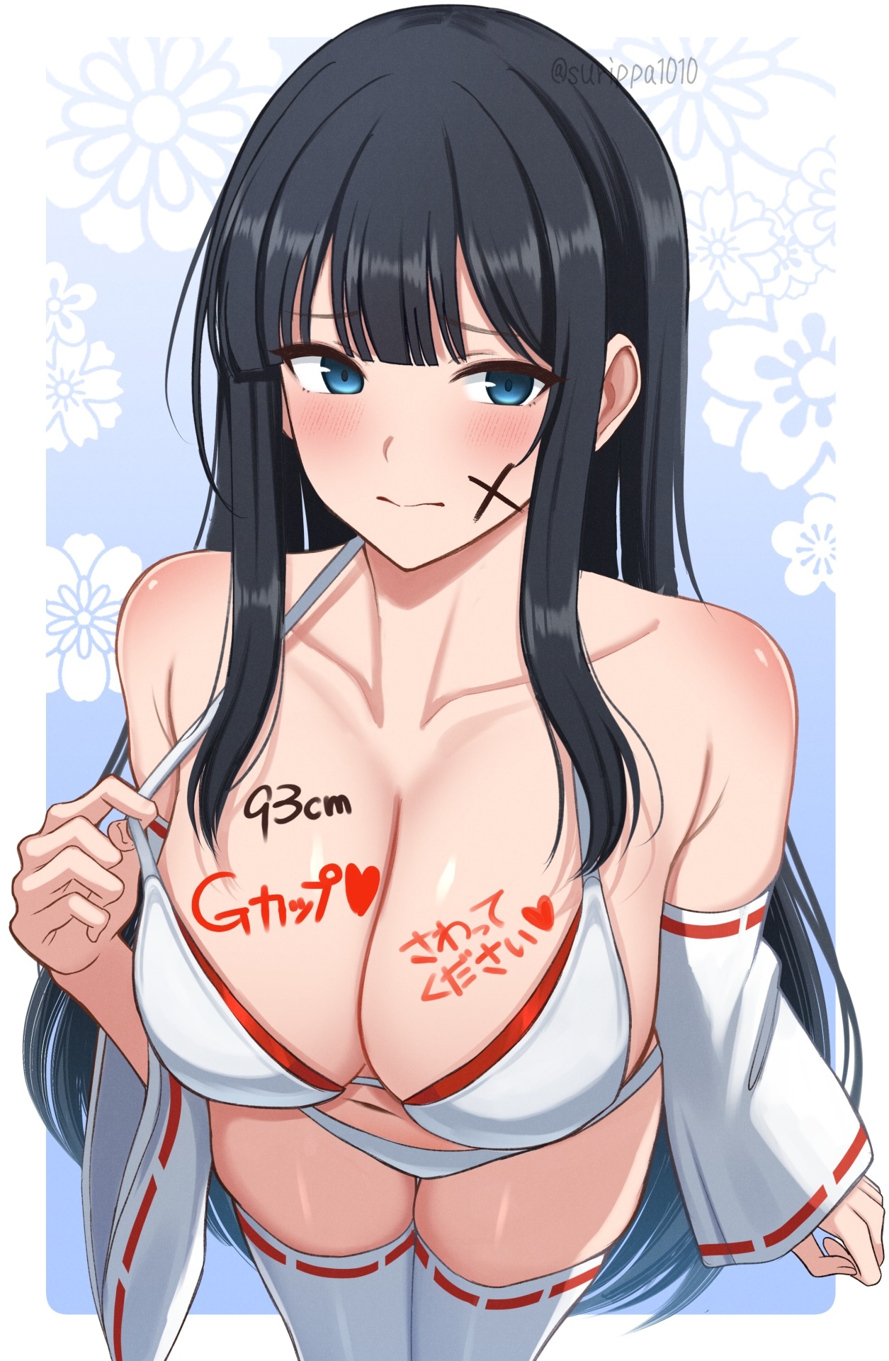 surippa1010, ikaruga (senran kagura), senran kagura, commentary request, highres, translated, 1girl, bare shoulders, black hair, blue background, blue eyes, blunt bangs, blush, body writing, breasts, cleavage, closed mouth, collarbone, detached sleeves, embarrassed, floral background, large breasts, long hair, looking at viewer, navel, sidelocks, solo, standing, thighhighs, white background, white thighhighs