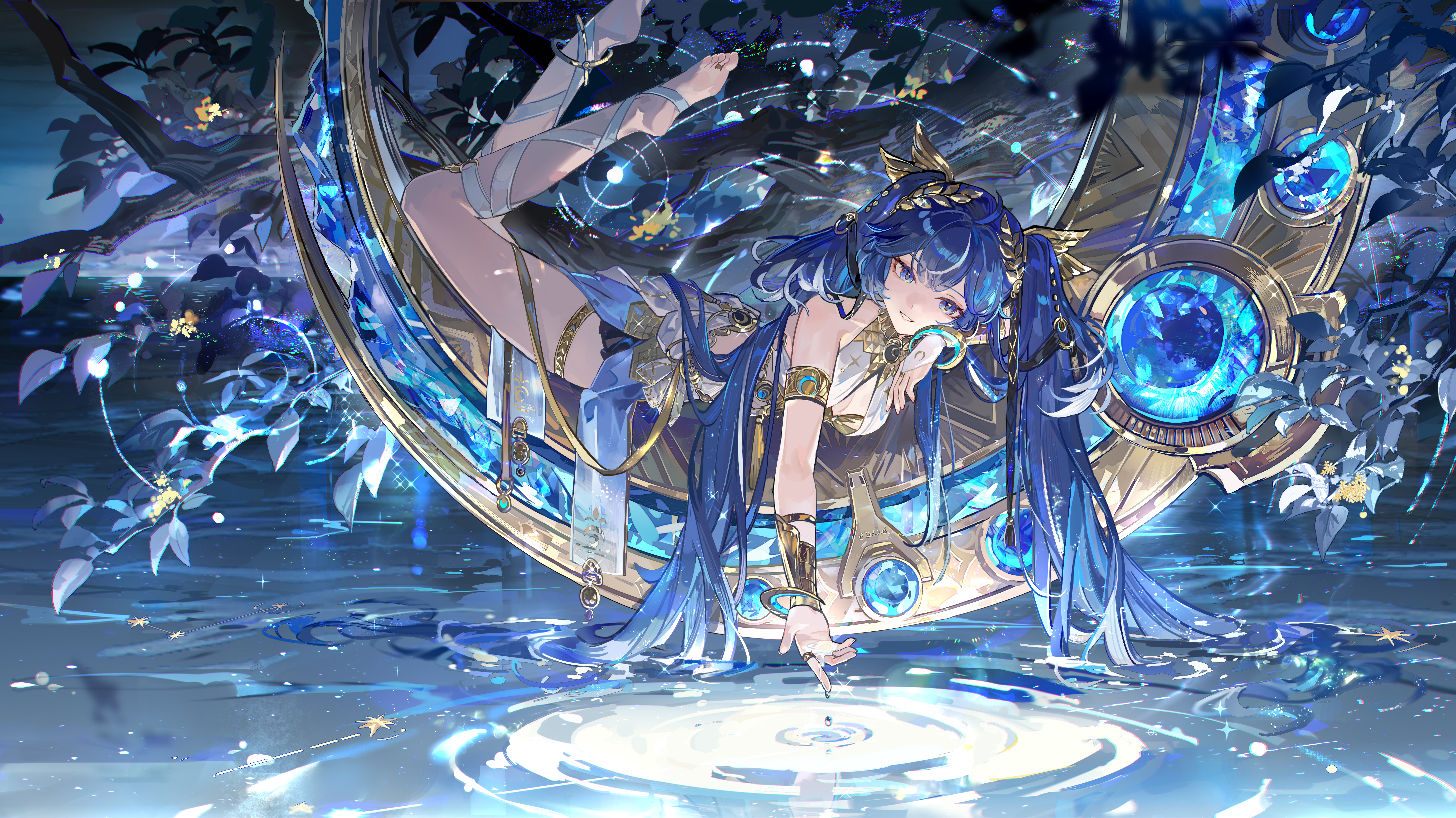mento, iuno (wuthering waves), wuthering waves, absurdres, chinese commentary, commentary request, highres, official art, 1girl, ancient greek clothes, armlet, bare shoulders, barefoot, black skirt, blue eyes, blue hair, breasts, cleavage, feet, full body, gold bra, greco-roman clothes, hair belt, jewelry, laurel crown, leg wrap, legs, logo, long hair, looking at viewer, medium breasts, miniskirt, multicolored hair, parted lips, skirt, smile, soles, solo, streaked hair, thighlet, thighs, toes, twintails, vambraces, very long hair