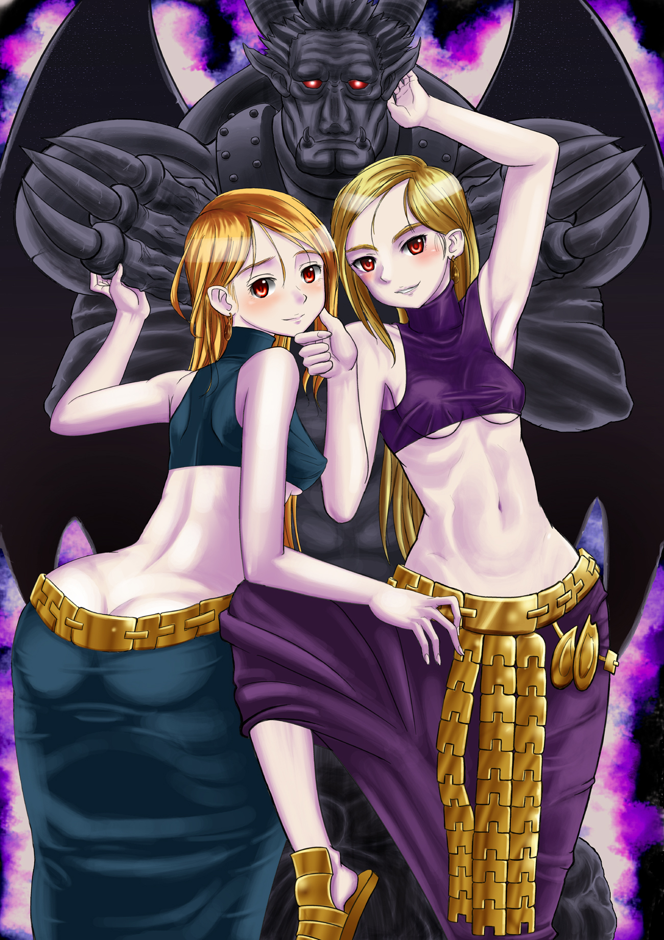 pt@i, ptai, celia, lettie, final fantasy, final fantasy tactics, highres, 2girls, bare shoulders, blonde hair, blush, earrings, female focus, jewelry, long hair, midriff, monster, multiple girls, red eyes, skirt