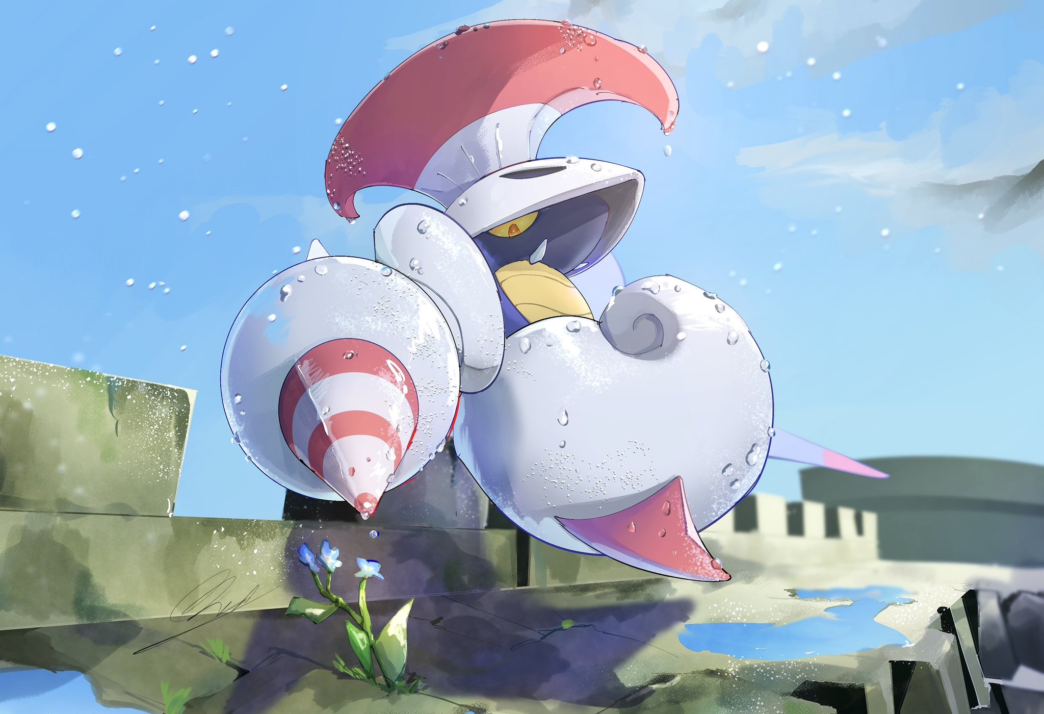 qua, escavalier, nintendo, pokemon, highres, armor, blue flower, bug, castle, colored sclera, fangs, flower, gen 5 pokemon, helmet, lance, looking at viewer, no humans, plume, pokemon (creature), pokemon focus, polearm, puddle, red eyes, water, water drop, weapon, wet, yellow sclera