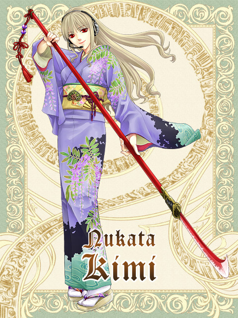 fujino shizuru, my-hime, silver rain, 00s, blonde hair, headset, japanese clothes, kimono, long hair, naginata, polearm, red eyes, sandals, solo, weapon