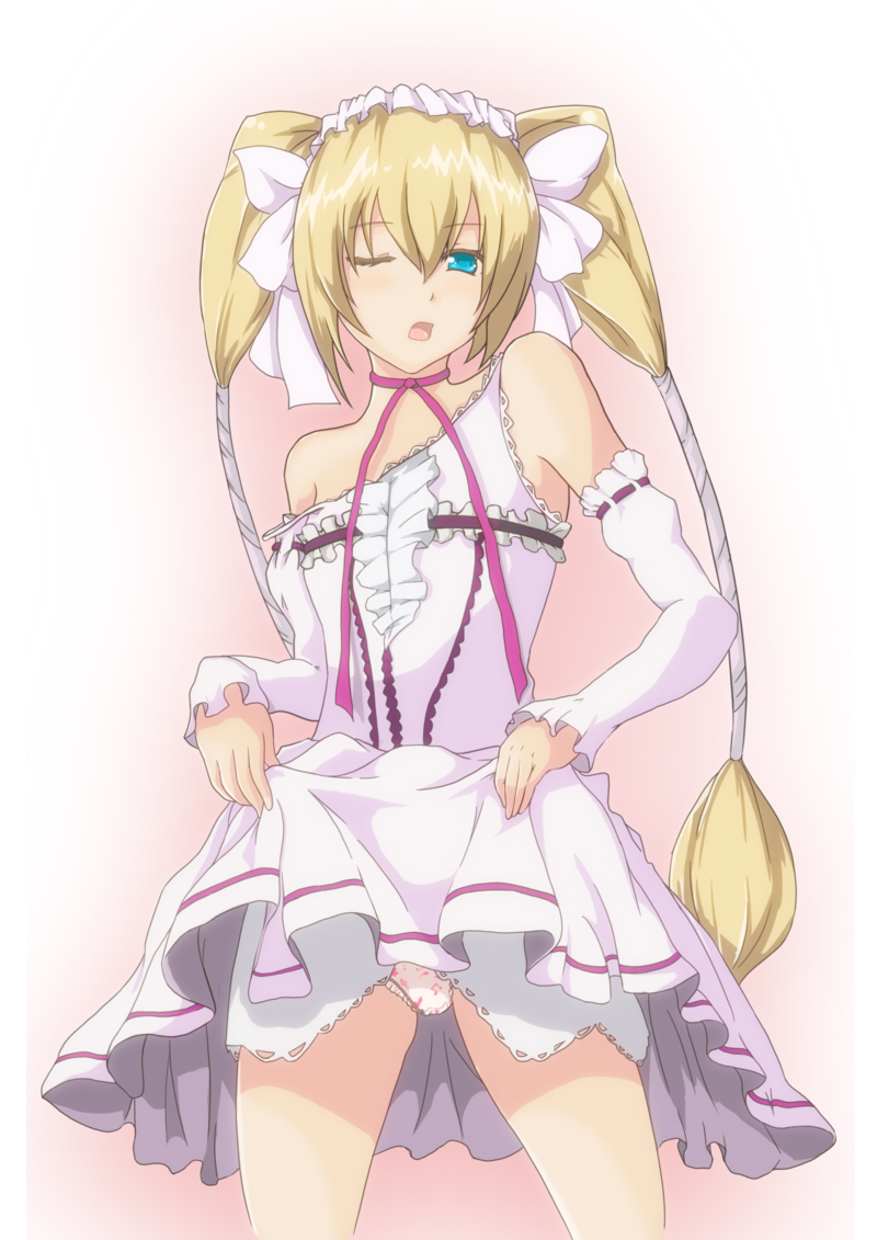 sobatto, sobatto (fortis-931), ekaterina kurae, seikon no qwaser, 1girl, blonde hair, choker, clothes lift, detached sleeves, dress, dress lift, female focus, green eyes, lolita fashion, long hair, off shoulder, one eye closed, panties, skirt, skirt lift, solo, strap slip, sweet lolita, twintails, underwear, upskirt, wink