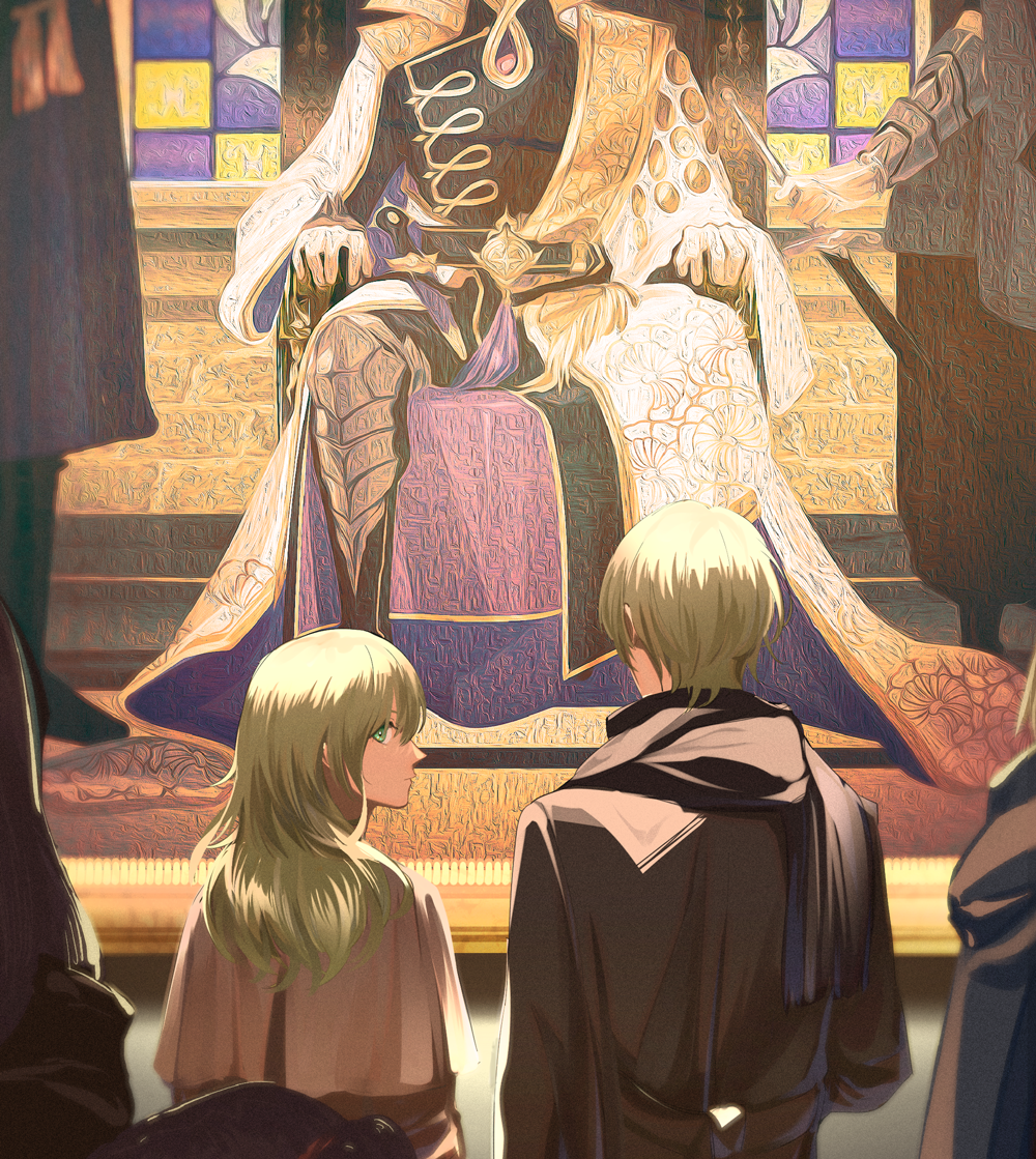 en (enxxx), female byleth (awakened) (fire emblem), female byleth (fire emblem), male byleth (awakened) (fire emblem), male byleth (enlightened one) (fire emblem), male byleth (fire emblem), fire emblem, fire emblem: three houses, nintendo, 1boy, 1girl, 4others, art gallery, black coat, black hair, black scarf, coat, contemporary, dagger, dual persona, green eyes, green hair, knife, long sleeves, looking at viewer, looking back, medium hair, multiple others, museum, mystical high collar, official alternate eye color, official alternate hair color, portrait (object), scarf, shadow, short hair, sitting, weapon