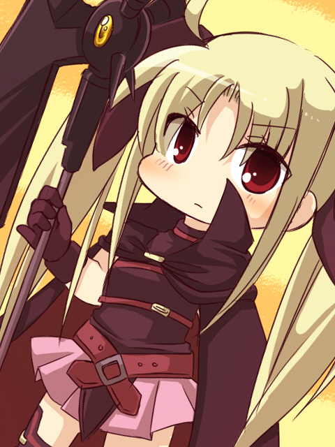 kabuyou, yasai, bardiche (assault form) (nanoha), bardiche (nanoha), fate testarossa, fate testarossa (lightning form), lyrical nanoha, mahou shoujo lyrical nanoha, 00s, 1girl, belt, blonde hair, blush, cape, dutch angle, female focus, gloves, long hair, pinky out, red eyes, solo, staff, thighhighs, twintails, very long hair