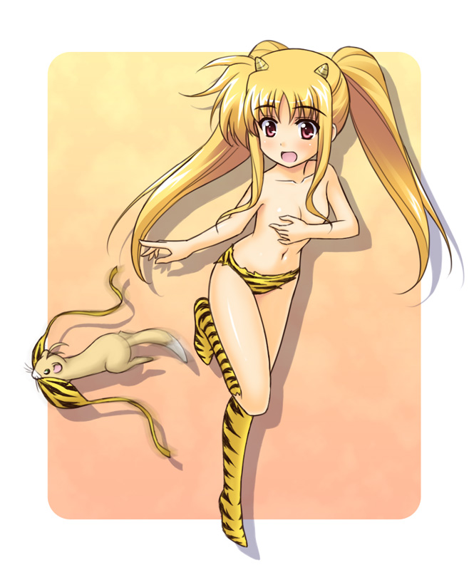 masakichi (crossroad), fate testarossa, lum, yuuno scrya, lyrical nanoha, mahou shoujo lyrical nanoha, urusei yatsura, 1girl, animal print, bikini, blonde hair, boots, bra, clothes theft, cone horns, cosplay, covering breasts, covering privates, female focus, ferret, flat chest, hair censor, hair over breasts, hair over one breast, horns, kneehighs, lingerie, loli, long hair, lum (cosplay), navel, oni, panties, red eyes, setsubun, small horns, socks, solo, swimsuit, swimsuit theft, theft, tiger print, topless female, twintails, underwear, underwear only, unworn bikini top