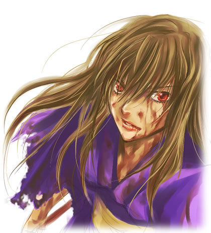 mico3, fujino shizuru, my-hime, lowres, 00s, 1girl, blood, blood on clothes, blood on face, brown hair, female focus, hair between eyes, japanese clothes, kimono, lips, parted lips, red eyes, solo, torn clothes, white background, yukata