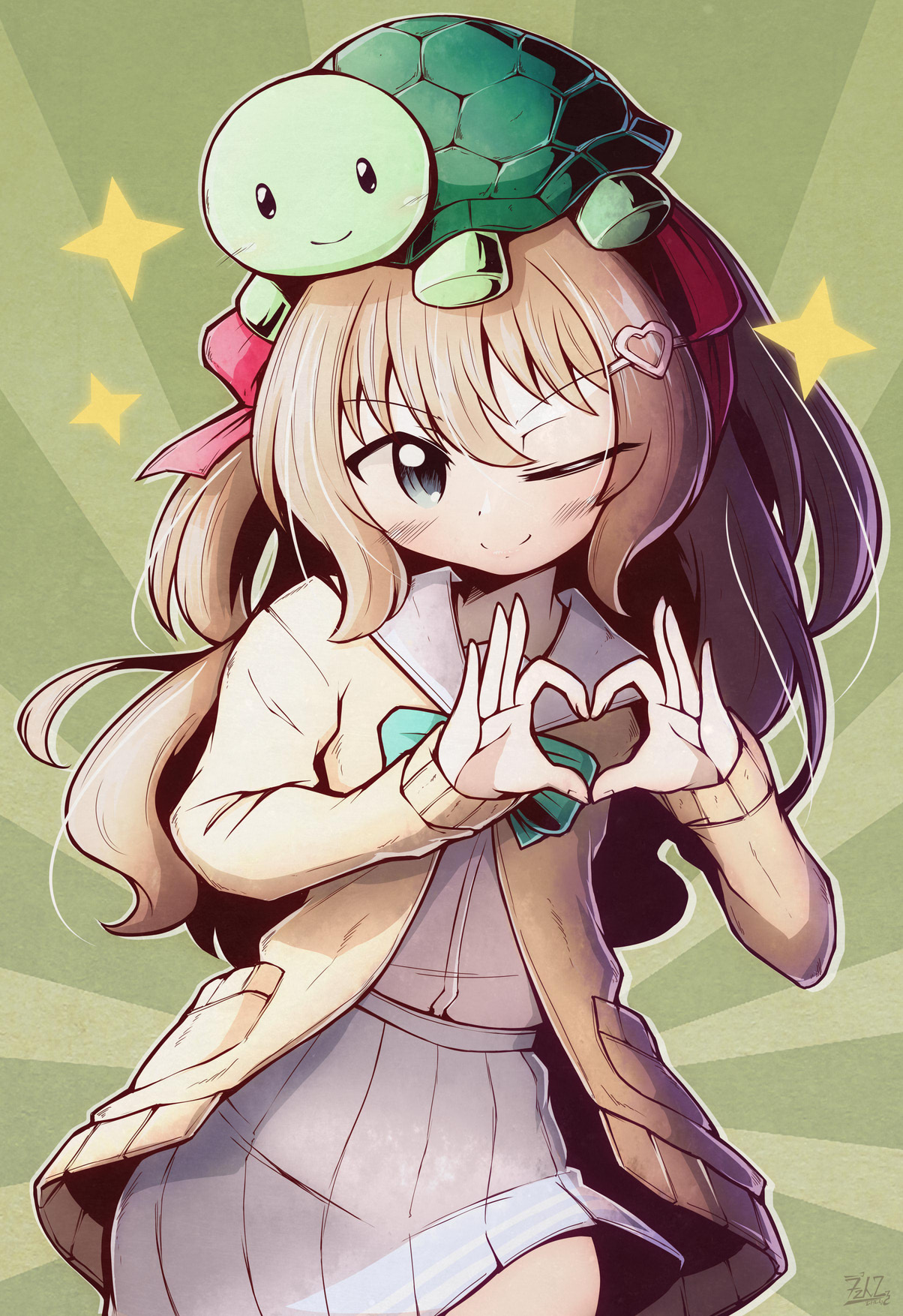 richter h, neuro-sama, vedal987, vedal ai, commentary, english commentary, highres, 1girl, animal, animal on head, aqua bow, aqua bowtie, blue eyes, bow, bowtie, brown hair, cardigan, closed mouth, cowboy shot, dot nose, four-finger heart hands, green background, hair between eyes, hair ornament, hair ribbon, hairclip, heart, heart hair ornament, heart hairclip, heart hands, long hair, long sleeves, looking at viewer, miniskirt, on head, one eye closed, open hands, pink ribbon, pleated skirt, pocket, ribbon, shirt, shirt tucked in, skirt, sleeves past wrists, smile, sparkle, standing, turtle, v-shaped eyebrows, virtual youtuber, white shirt, white skirt, yellow cardigan
