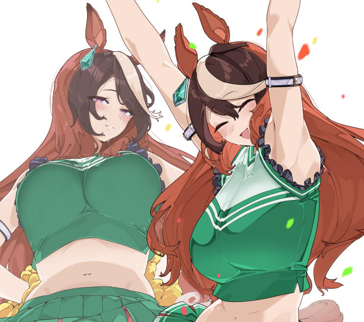 takamaza, symboli rudolf (umamusume), umamusume, 1girl, :d, animal ears, breasts, cheering, cheerleader, closed eyes, crop top, ear ornament, earrings, horse ears, horse girl, jewelry, large breasts, multicolored hair, navel, open mouth, orange hair, pleated skirt, purple eyes, simple background, single earring, skirt, smile, solo, streaked hair, white background