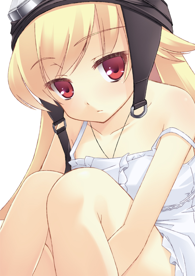 nanashi (soregashi), oshino shinobu, bakemonogatari, monogatari (series), 1girl, bare shoulders, blonde hair, chemise, female focus, goggles, goggles on head, hugging own legs, red eyes, solo, strap slip