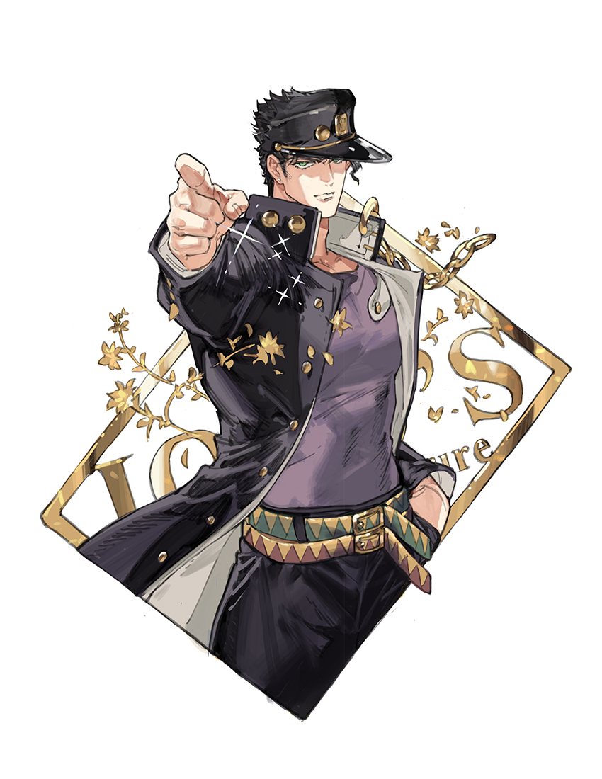 starshadowmagician, kuujou joutarou, jojo no kimyou na bouken, stardust crusaders, commentary, 1boy, belt, black coat, black hair, black hat, black pants, chain, closed mouth, coat, copyright name, cropped legs, grey shirt, hand in pocket, hat, high collar, jojo pose, kujo jotaro's pose, looking at viewer, male focus, open clothes, open coat, pants, peaked cap, pointing, pointing at viewer, shirt, shirt tucked in, solo, undershirt