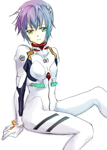 masui, ayanami rei, nagato yuki, neon genesis evangelion, suzumiya haruhi no yuuutsu, bad id, bad pixiv id, lowres, 1girl, ayanami rei (cosplay), bodysuit, cosplay, female focus, flat chest, gradient hair, green eyes, mecha pilot suit, multicolored hair, plugsuit (evangelion), short hair, simple background, solo, white background