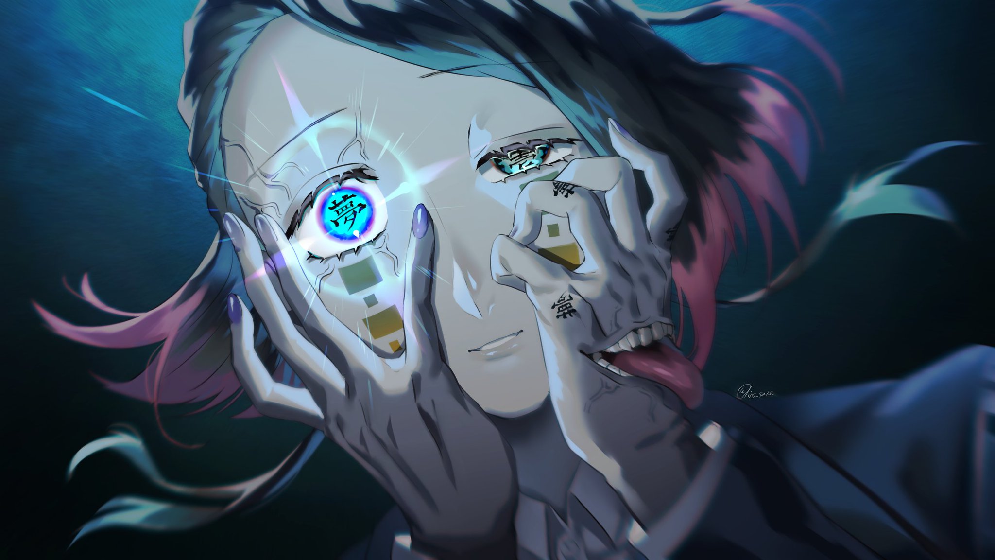 anasa3, enmu (kimetsu no yaiba), kimetsu no yaiba, highres, 1boy, asymmetrical bangs, black jacket, blue background, blue eyes, blurry, buttons, colored tips, demon boy, depth of field, dutch angle, facial mark, finger tattoo, floating hair, glowing, glowing eye, grin, hands on own face, jacket, kanji tattoo, long sleeves, looking at viewer, male focus, medium hair, misplaced mouth, multicolored hair, open mouth, parted lips, portrait, purple nails, signature, smile, solo, suit jacket, symbol-shaped pupils, tattoo, tears facial mark, teeth, tongue, tongue out, trap, undershirt, uneven eyes, veins, veiny face, veiny hands