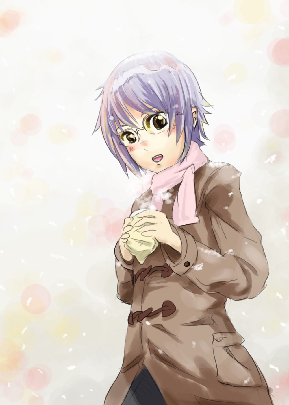 soritasu, nagato yuki, suzumiya haruhi no shoushitsu, suzumiya haruhi no yuuutsu, highres, 10s, 1girl, female focus, food, glasses, purple hair, scarf, snow, solo, steamed bun