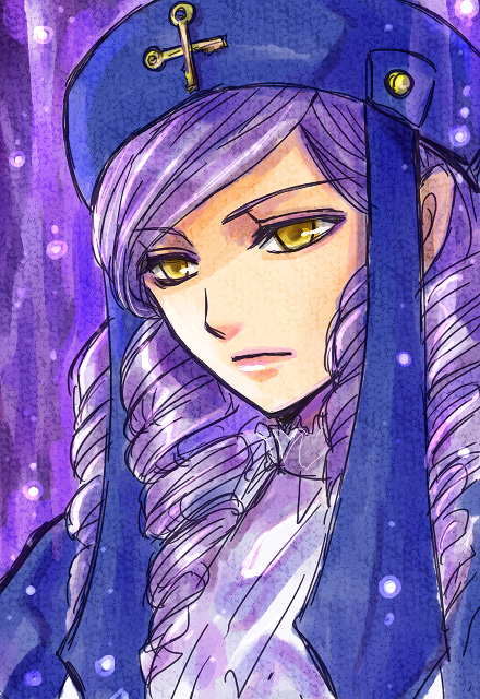 kaoru, dlanor a. knox, eiserne jungfrau, umineko no naku koro ni, bad id, bad pixiv id, hat, purple hair, solo, yellow eyes