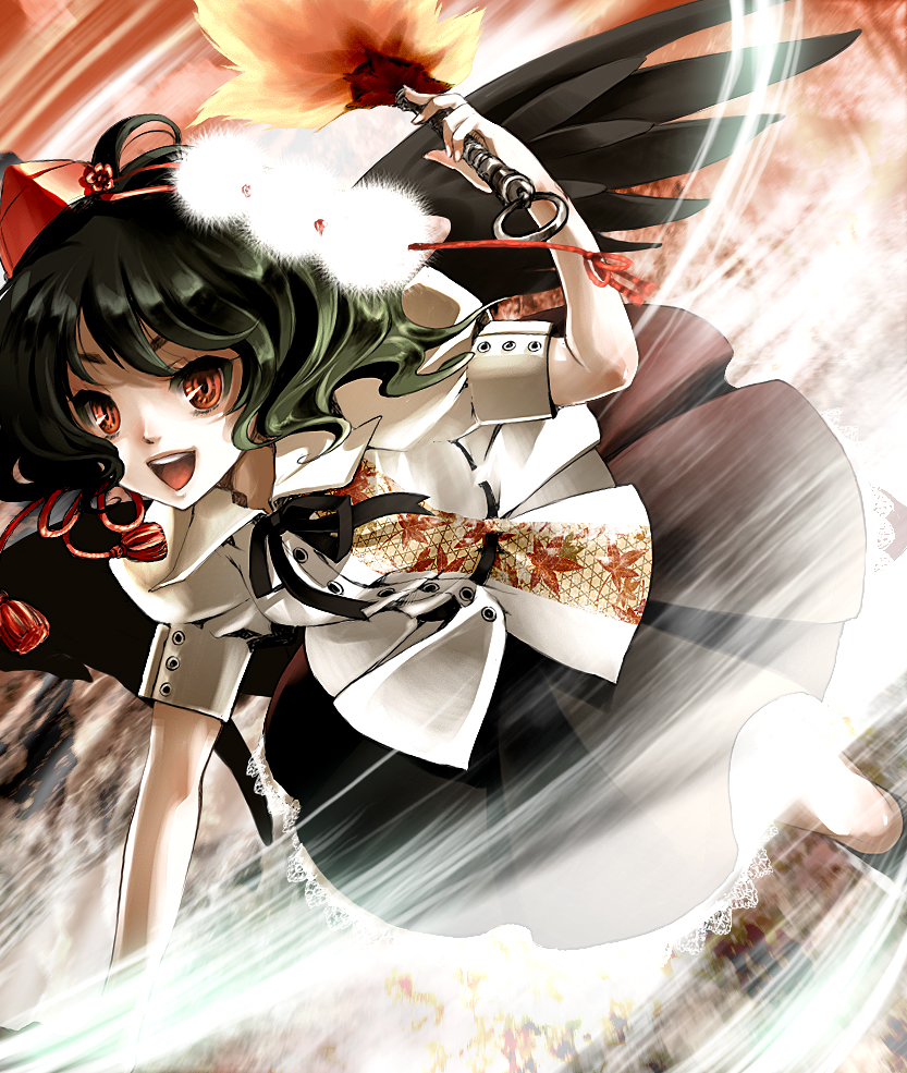 mochinue, shameimaru aya, touhou, bad id, bad pixiv id, 1girl, black hair, black wings, female focus, hand fan, hat, looking at viewer, open mouth, red eyes, short hair, smile, solo, tokin hat, wings