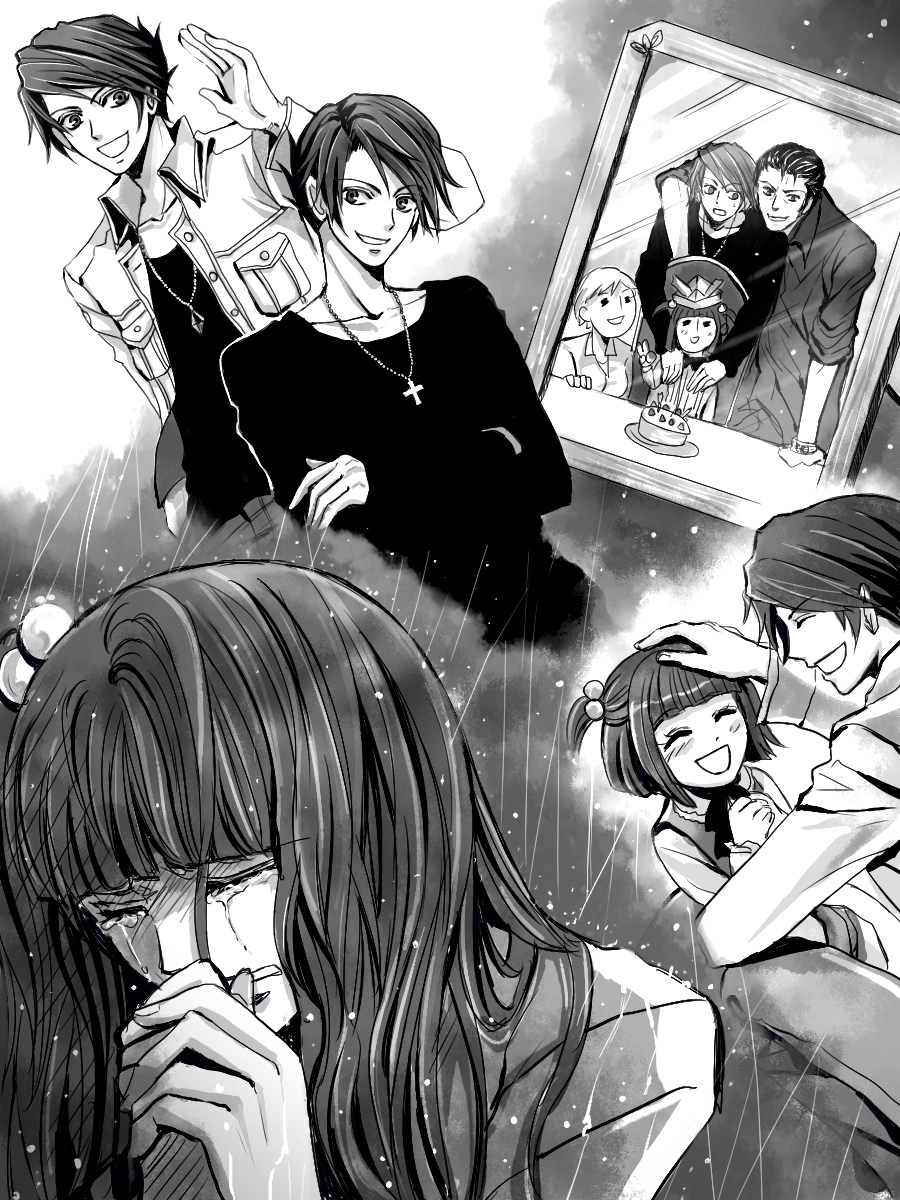 kaoru, ushiromiya ange, ushiromiya battler, ushiromiya kyrie, ushiromiya rudolf, umineko no naku koro ni, framed, bad id, bad pixiv id, highres, 2boys, 2girls, aged down, brother and sister, cake, family, food, greyscale, hair bobbles, hair ornament, headpat, monochrome, multiple boys, multiple girls, photo (object), picture frame, rain, siblings, tears